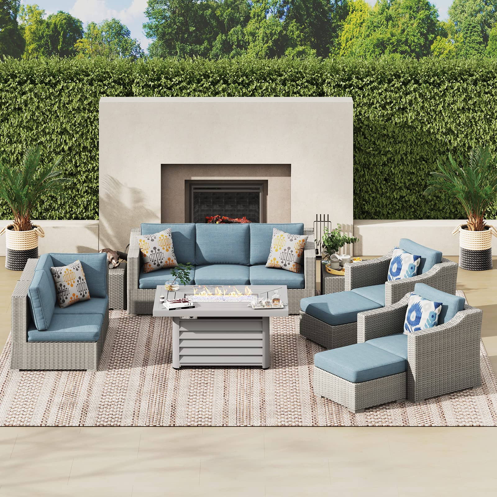 12-Piece Large Outdoor Patio Furniture Set - 9-Seater All-Weather Wicker Conversation Set with Fire Pit Table (52