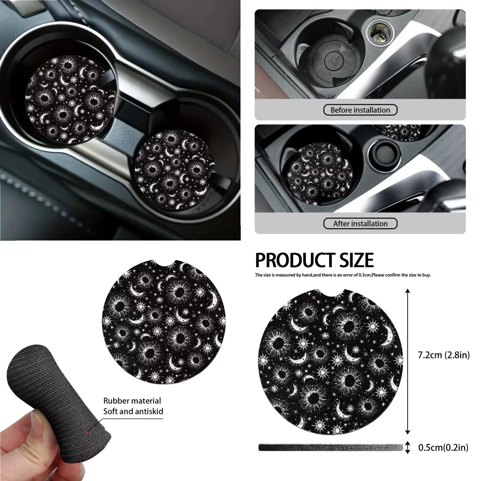 15-Piece Sun Moon Star Print Car Seat Cover Set with Steering Wheel Cover, Seat Belt Pads, Cup Coasters & More - Universal Fit for Cars, SUVs & Trucks - Stylish Auto Interior Decor for Daily Commute & Road Trips