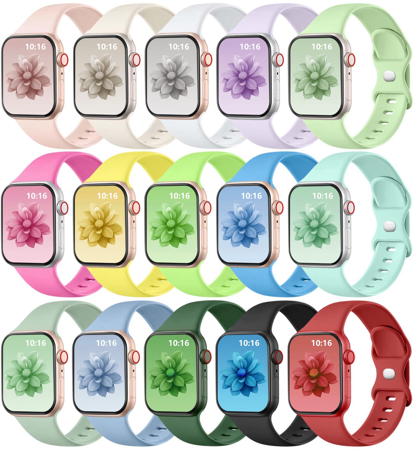 GEAK 15 Pack Apple Watch Bands for Women - Soft Silicone Sport Replacement Strap Compatible with iWatch Series 10/9/8/7/6/5/4/3/SE & Ultra (38mm/40mm/41mm/42mm/44mm/45mm/46mm/49mm) - Perfect for Workouts, Running & Everyday Wear