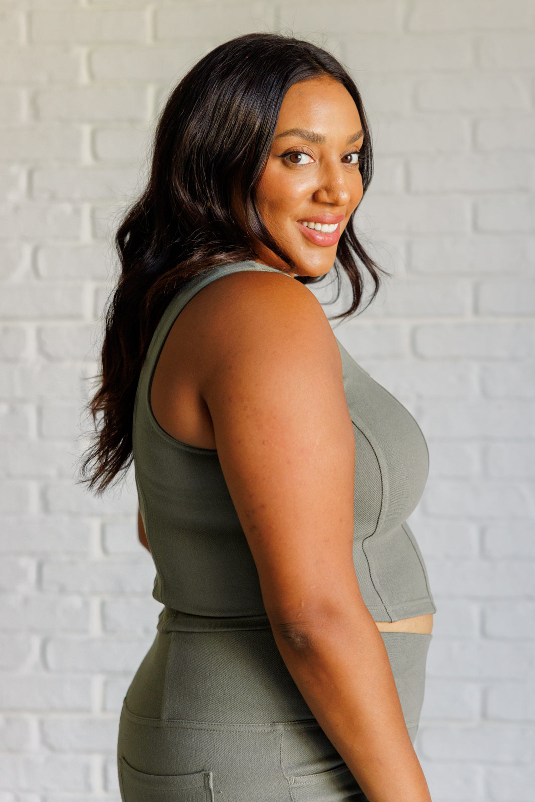 Stylish Dusty Olive Twill Square Neck Crop Top for Women - Perfect for Casual Outings, Summer Fashion & Layering
