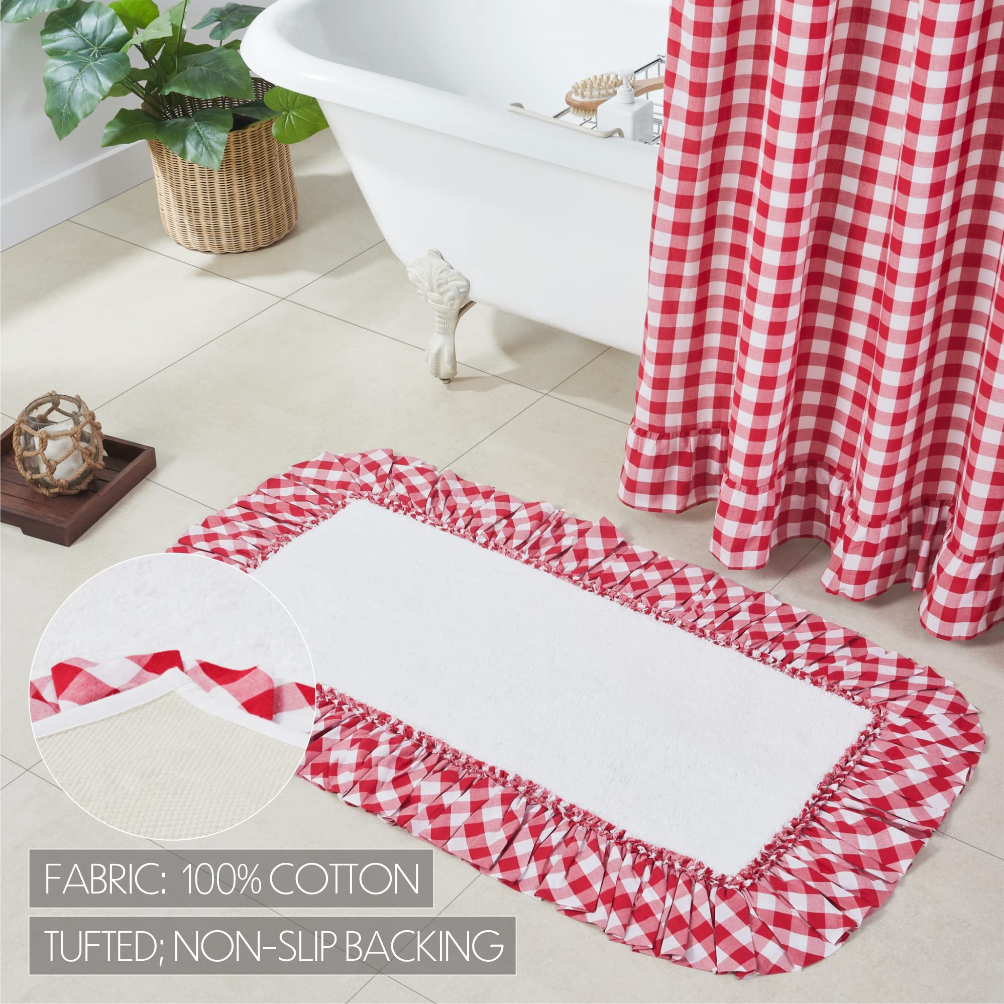 Annie Buffalo Check Bath Mat - Farmhouse Ruffled Country Checkered Gingham Bathroom Rug - Non-Slip Absorbent Cotton - 27x48 Inches - Red - Perfect for Farmhouse, Cottage & Vintage Style Bathrooms