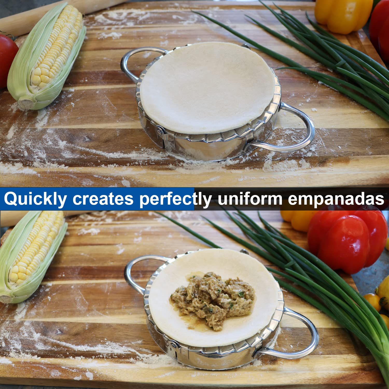 KAYCROWN Stainless Steel Empanada Press - 6 Inch XL Ravioli Mold, Pierogi Dumpling Maker & Pastry Dough Cutter - Professional Kitchen Tool for Homemade Empanadas, Dumplings & Pastries - Perfect for Baking, Cooking & Party Food Prep