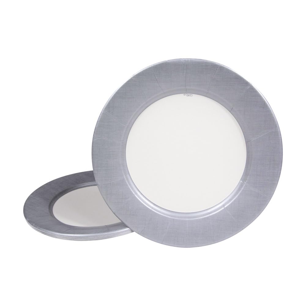 Premium Caspari Silver Linen Border Paper Dinner Plates - Set of 16, Elegant Disposable Plates for Parties, Weddings & Special Occasions