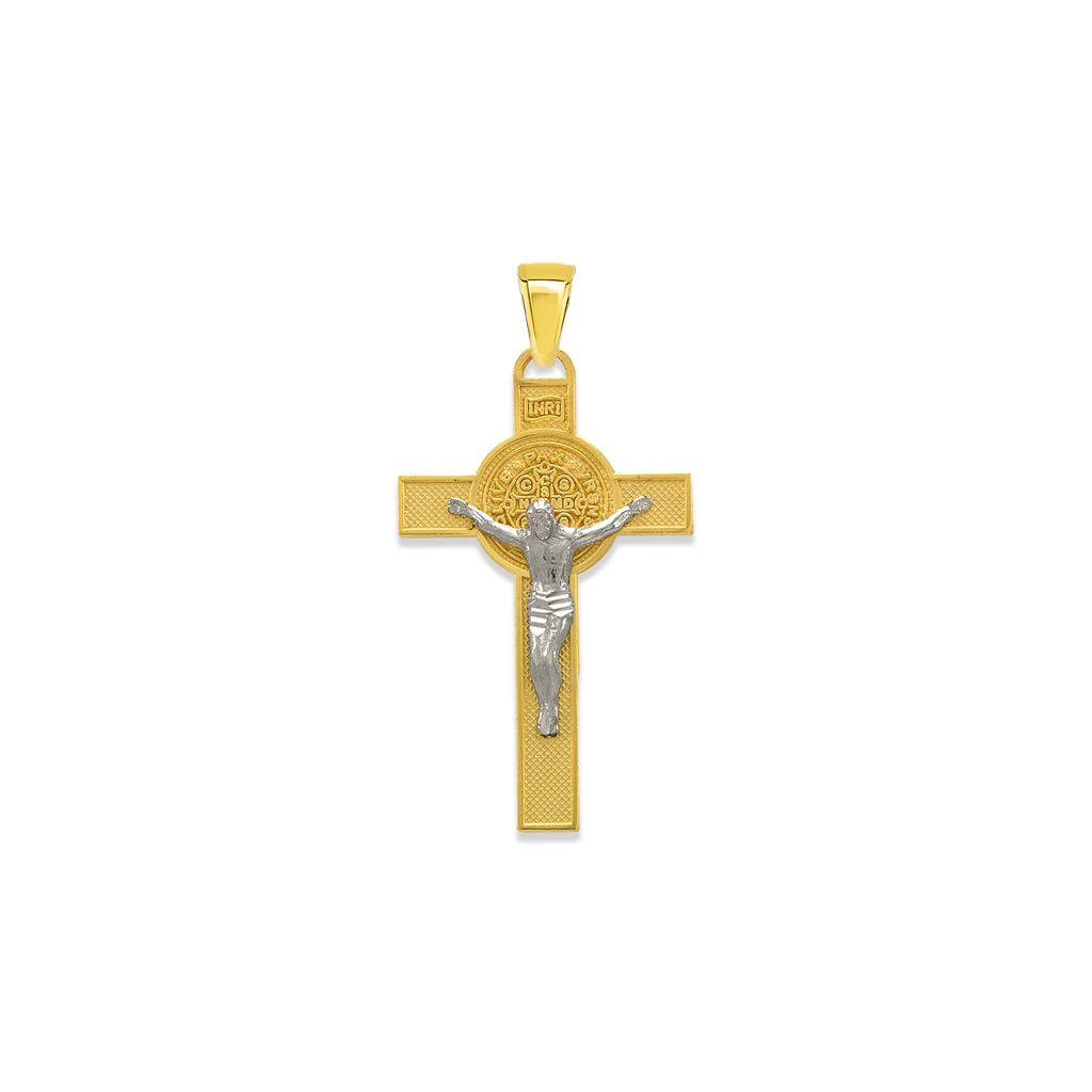 14K Gold San Benito Cross Pendant Necklace - Two-Sided Religious Scapular Charm in Yellow & White Gold - Elegant Unisex Jewelry Gift for Baptism, First Communion & Spiritual Protection