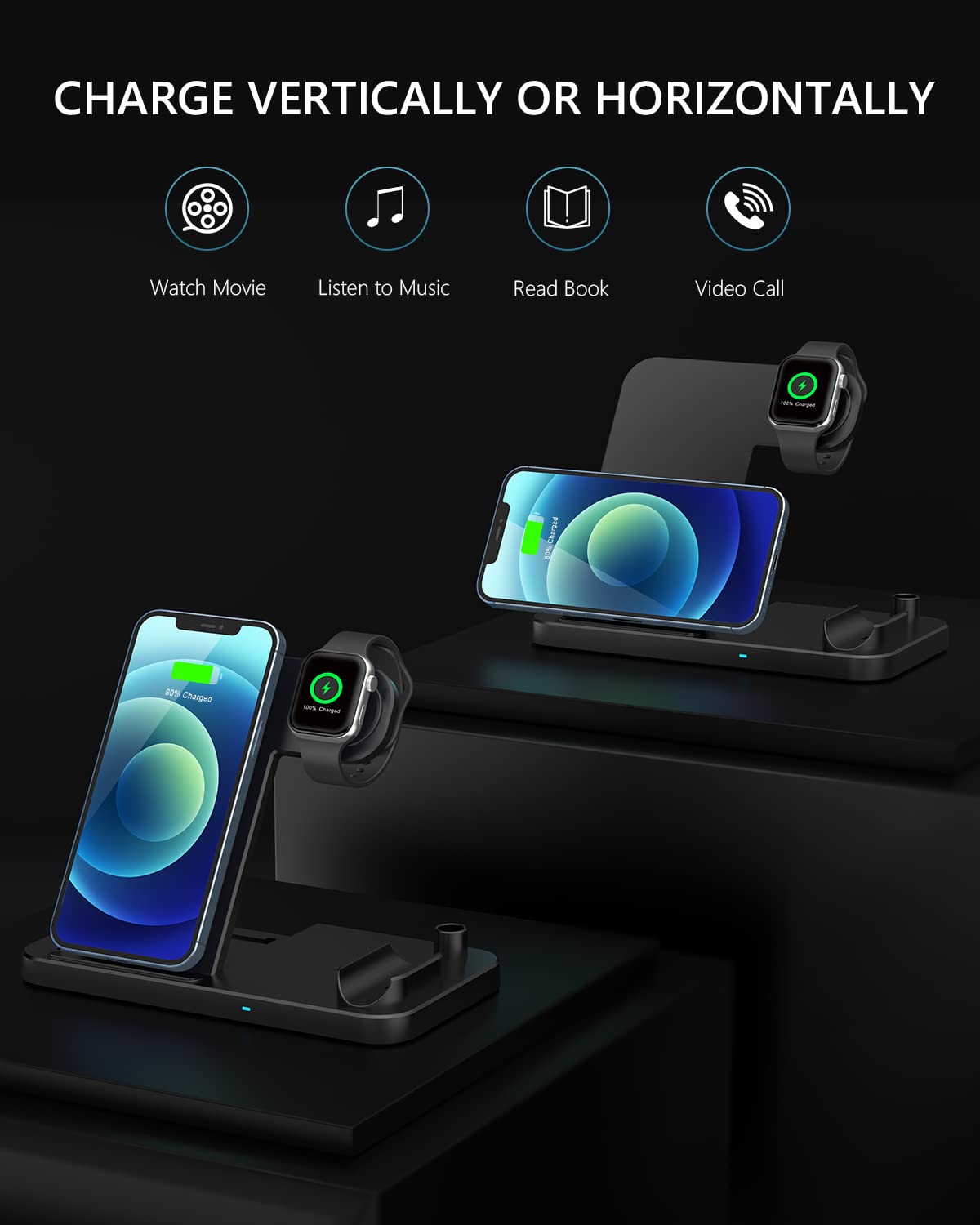 4-in-1 Fast Wireless Charging Station for iPhone 12/11/8/X & Samsung - Apple Watch & AirPods Pro Charger | Multi-Device Wireless Charging Stand for Home, Office & Nightstand Use