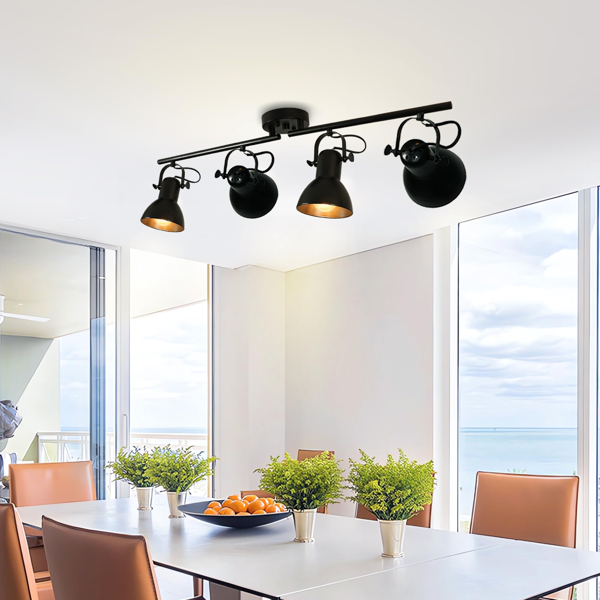Black Adjustable Track Lighting Kit - 4 Light Ceiling Fixture for Kitchen, Living Room, Office & Commercial Spaces | Dimmable Industrial Lighting for Galleries, Malls & Billiard Tables | Easy Angle Adjustment & Modern Design