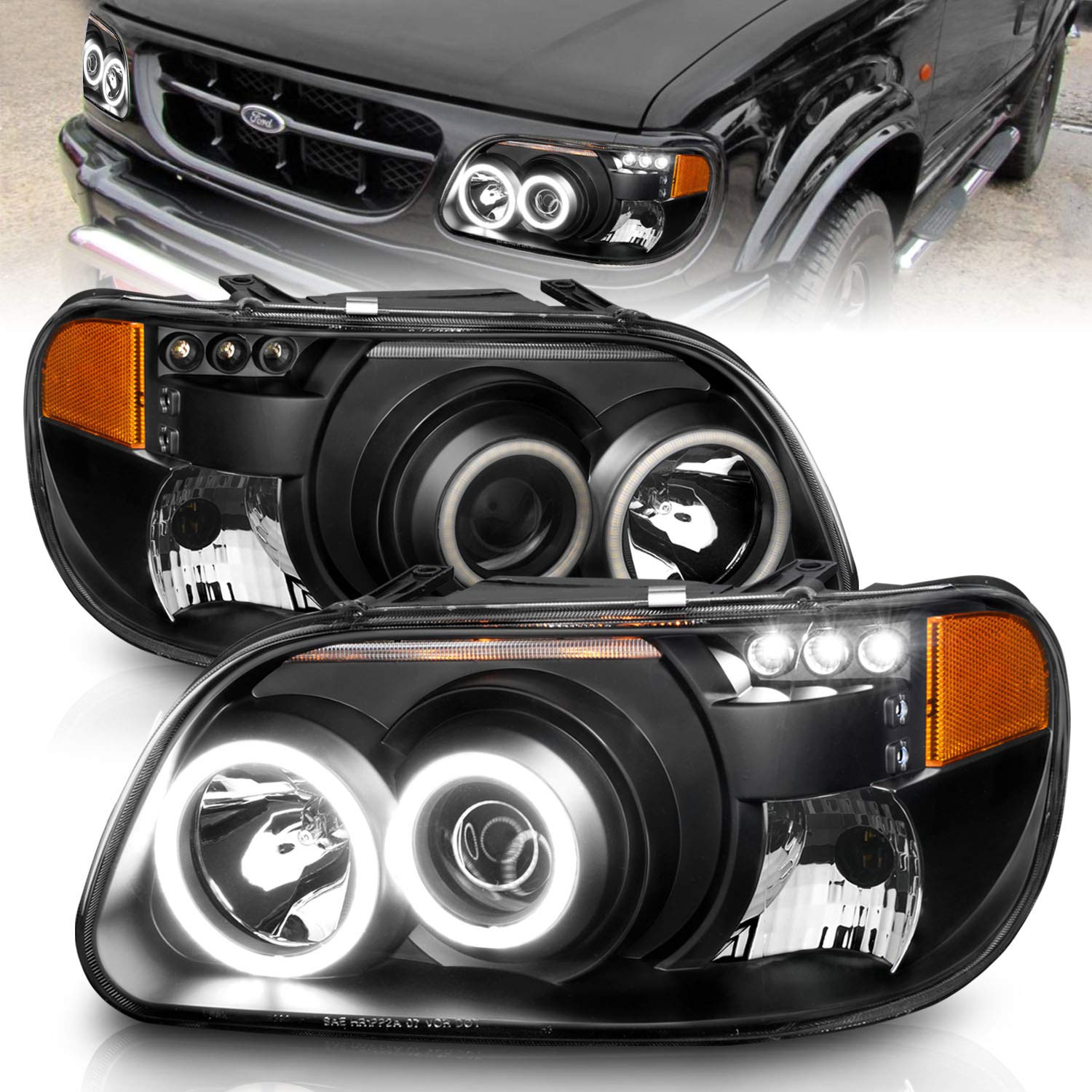 AmeriLite Xtreme LED Halo Black Projector Headlights for 95-01 Ford Explorer - Pair (Driver & Passenger Side) | High-Performance Lighting Upgrade for Off-Road & Night Driving