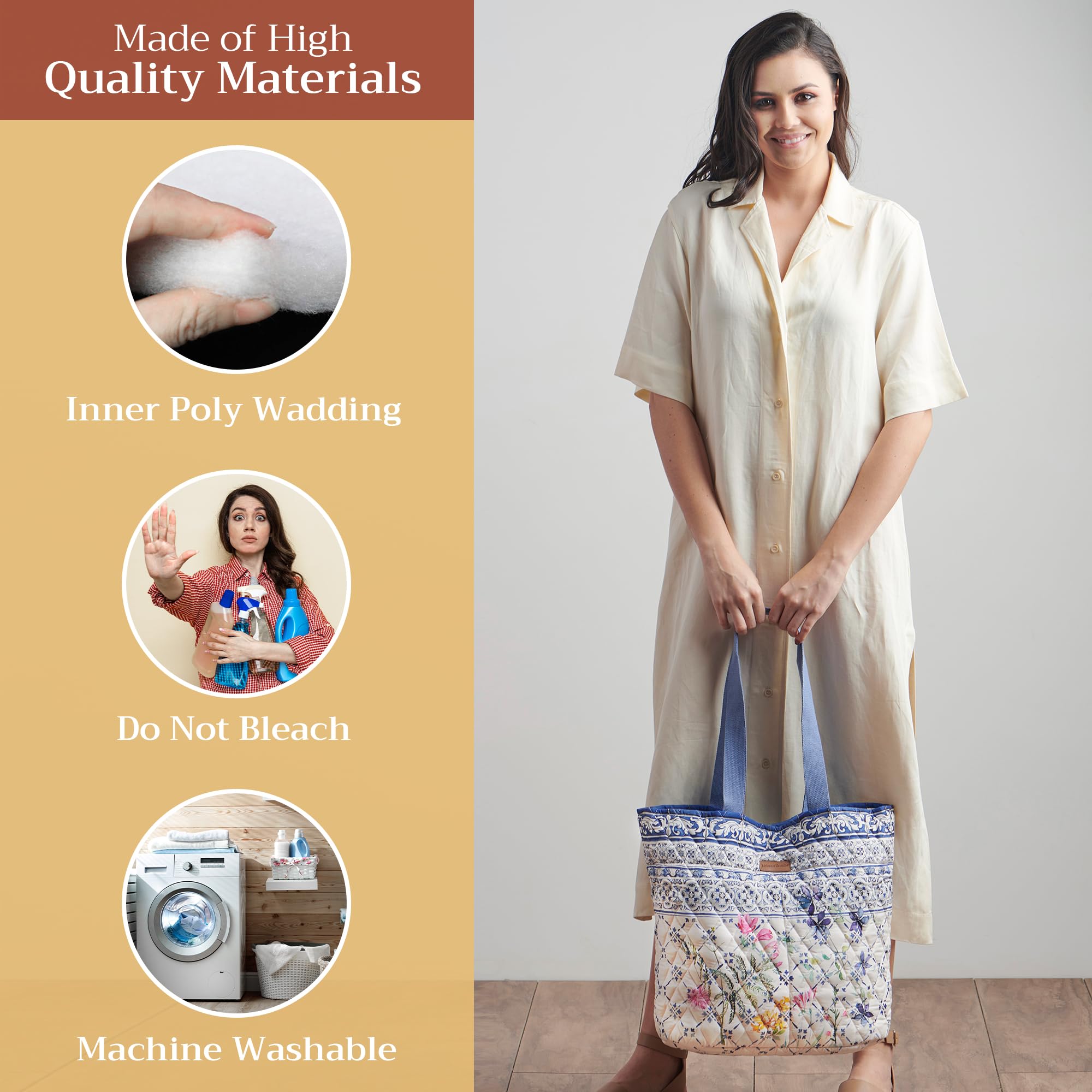 Maison d'Hermine Quilted Cotton Tote Bag with Zipper Pockets & Detachable Pouch - Stylish Work Bag, Travel Tote & Grocery Shopping Bag for Women