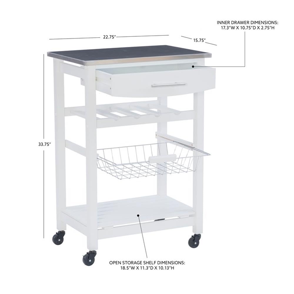 Linon Natalie White Wood Rolling Kitchen Island with Granite Top - Extra Storage for Small Kitchens, Pantry Organizer, Mobile Prep Station for Cooking & Baking