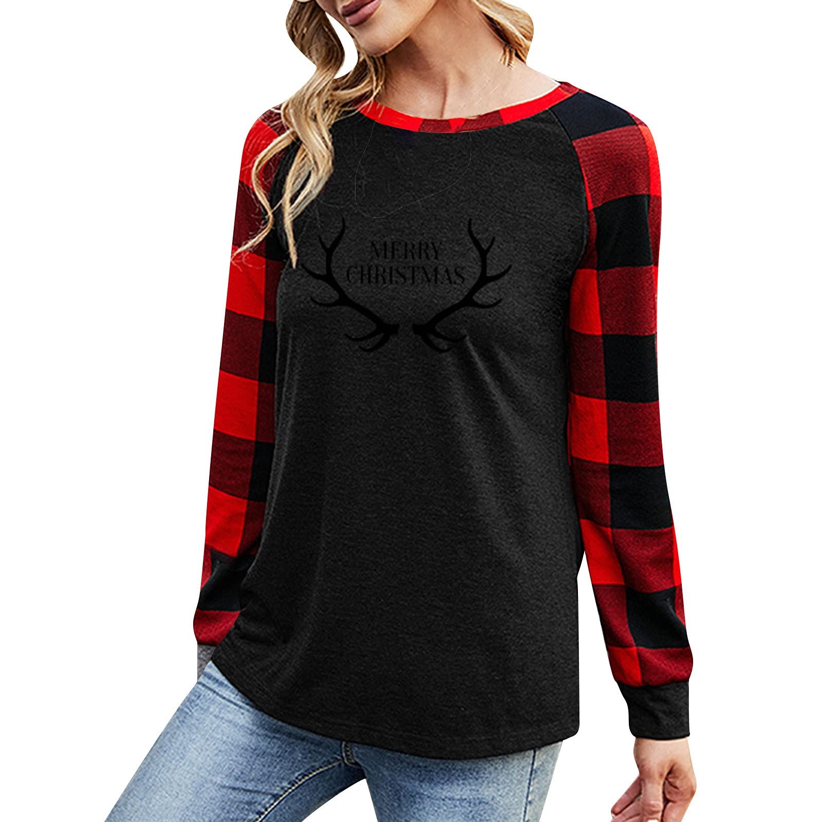 Women's Plaid Patchwork Sweatshirt - Winter & Fall Long Sleeve Pullover for Gym, Sports & Casual Wear | Christmas Vacation Outfit | Cozy Fleece Loungewear for Women (E7)