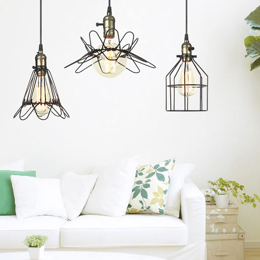 Industrial Pendant Lighting Fixture - Adjustable Cage Hanging Light with Geometric Metal Shade, Black Finish, E27 Base - Perfect for Kitchen Island, Living Room, Bar, Farmhouse & Hallway Lighting