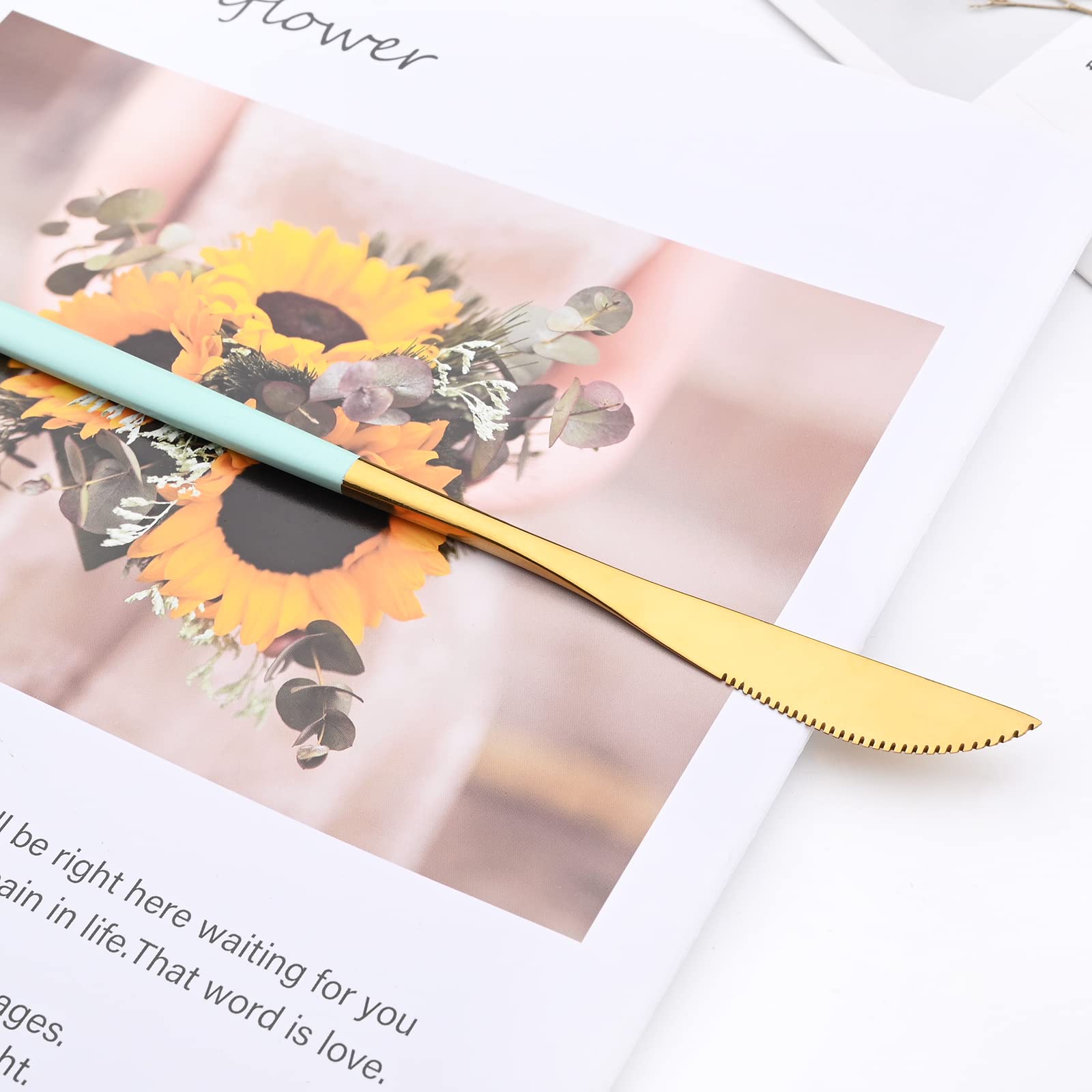 24-Piece Mirror Cutlery Set - 18/0 Stainless Steel Silverware with Mint Green Handle - Modern Dinnerware for Home, Party & Restaurant - Service for 6 (Mint Green Gold) - Perfect for Weddings, Dinner Parties & Formal Dining