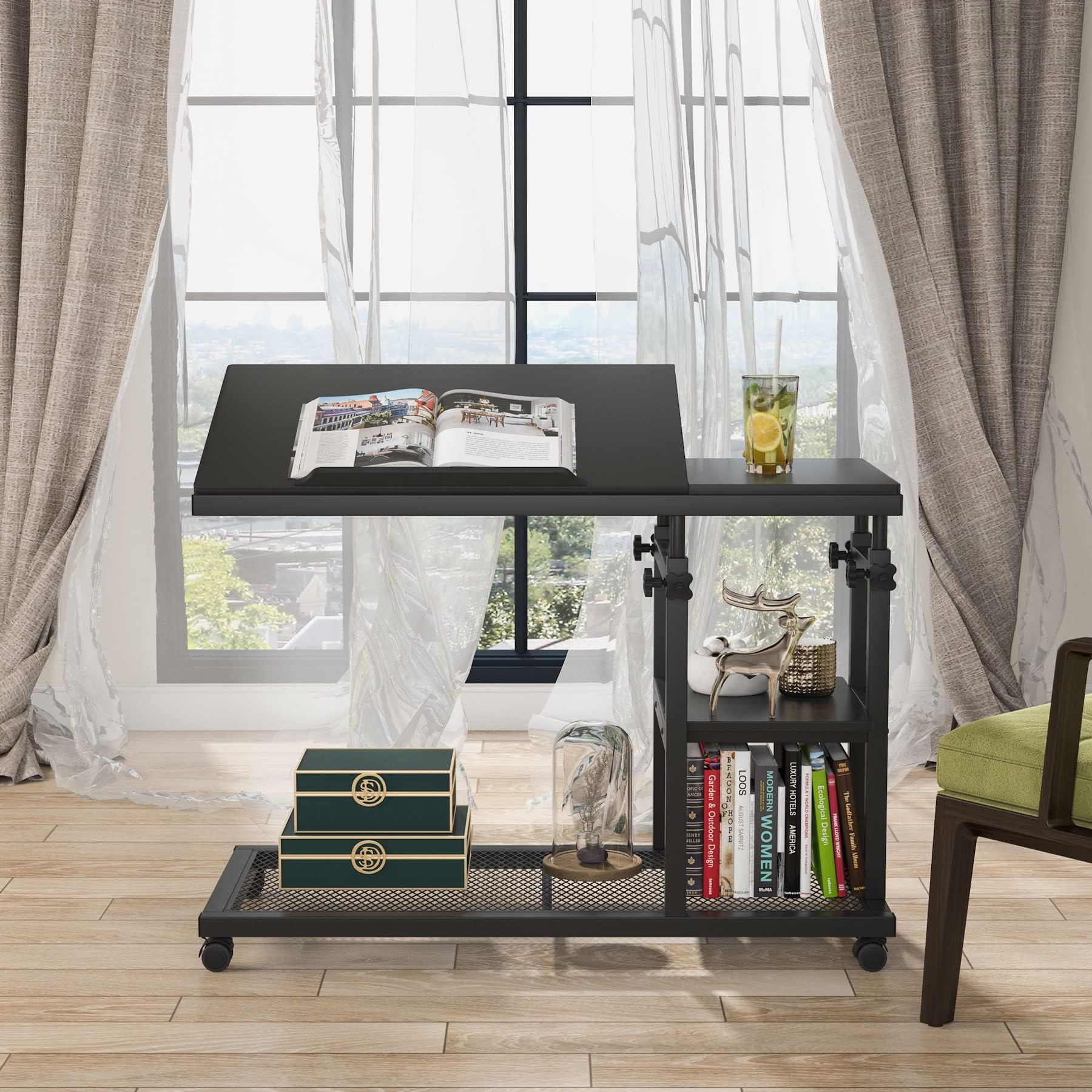 Tribesigns Adjustable Height C-Shaped Table with Wheels - Mobile Sofa Side Table, Tiltable Drawing Board, Bedside Laptop Stand & TV Tray with Storage Shelves - Perfect for Living Room, Bedroom, Office (Black)