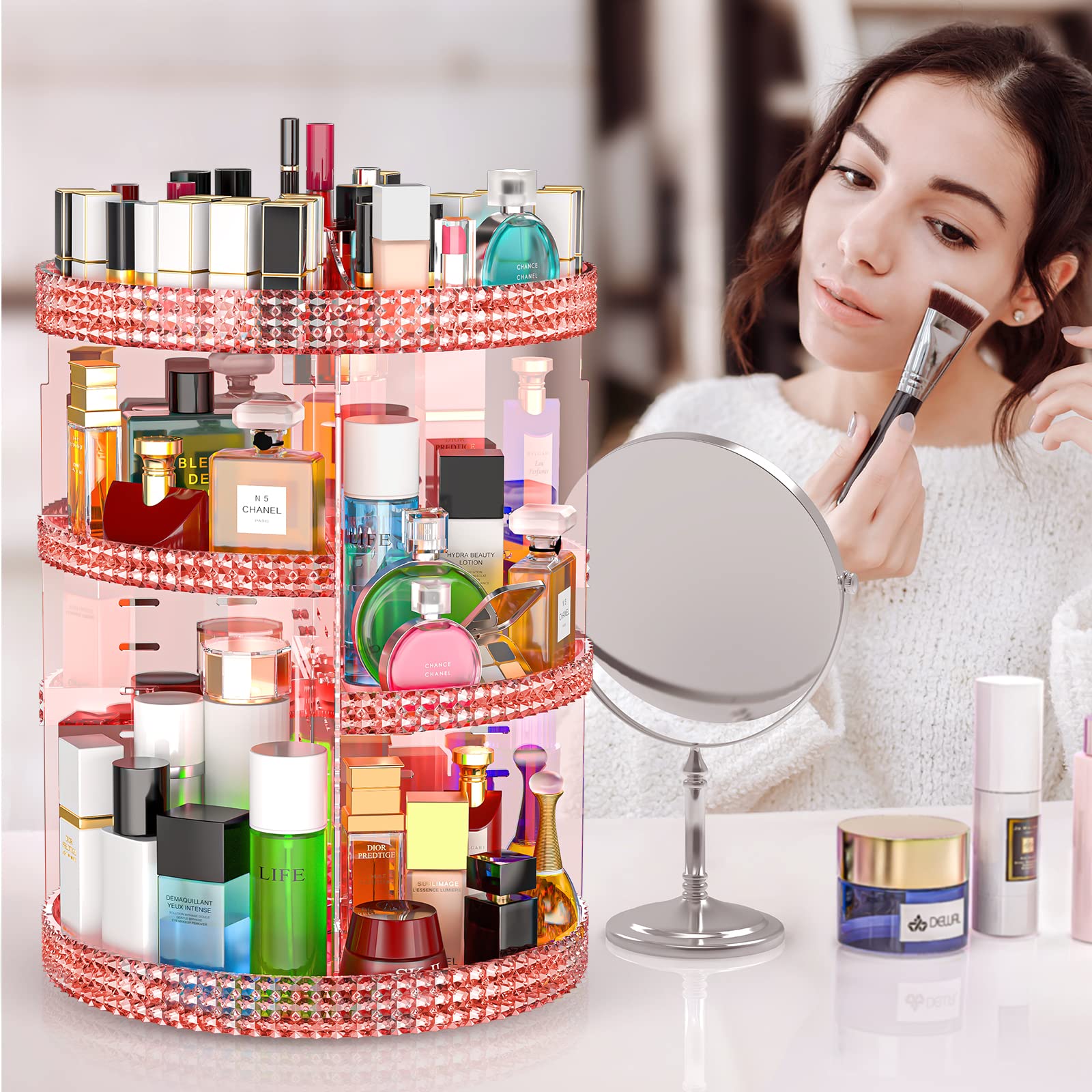 360-Degree Pink Makeup Organizer Carousel - 7-Tier Acrylic Vanity Organizer for Brushes, Lipsticks & Cosmetics | Perfect for Bathroom Counter, Dressing Table & Large Makeup Collections