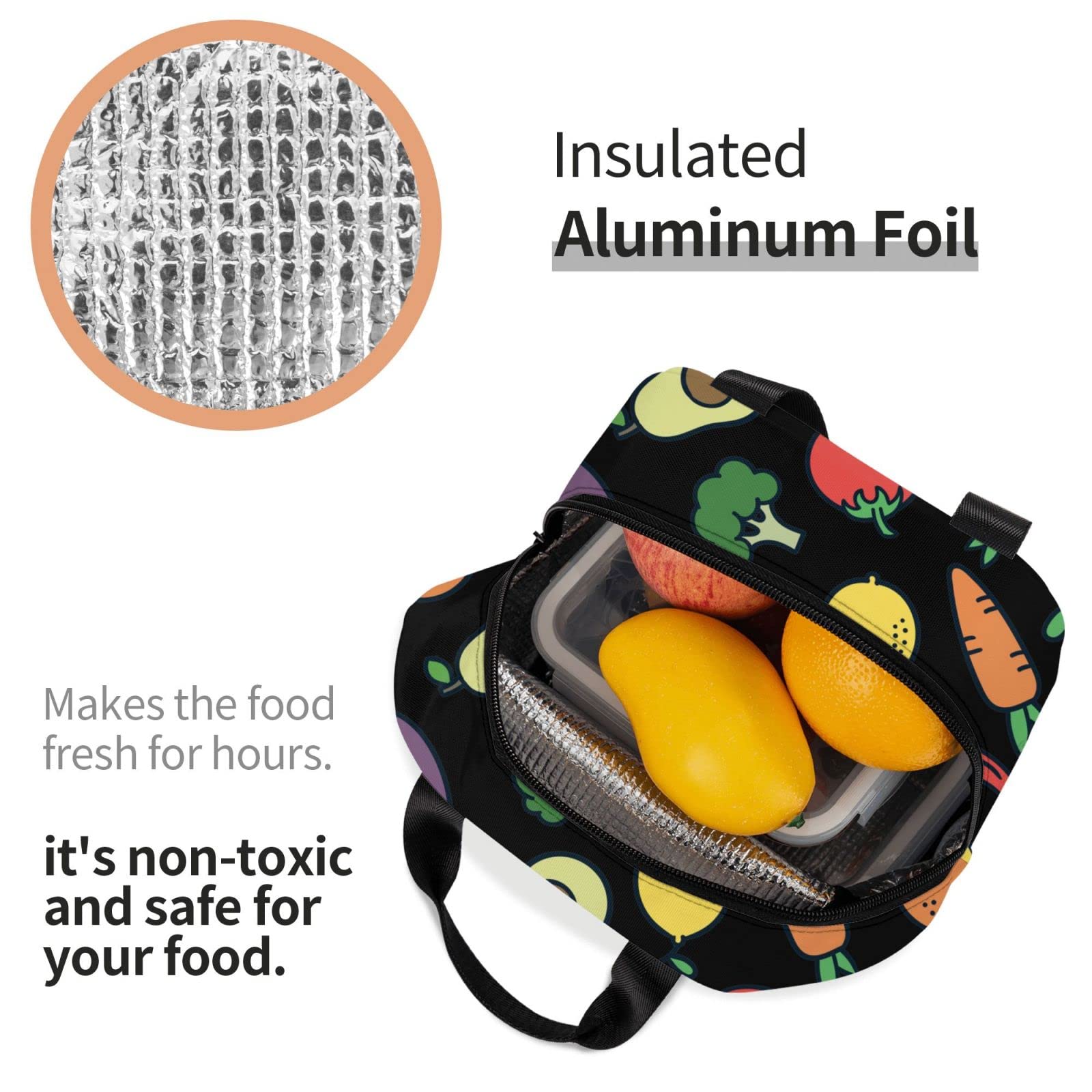 **Insulated Lunch Box with Cute Vegetable Fruit Print - Reusable & Portable Meal Container for Men & Women - Perfect for Work, Travel, Picnic & School Lunch**