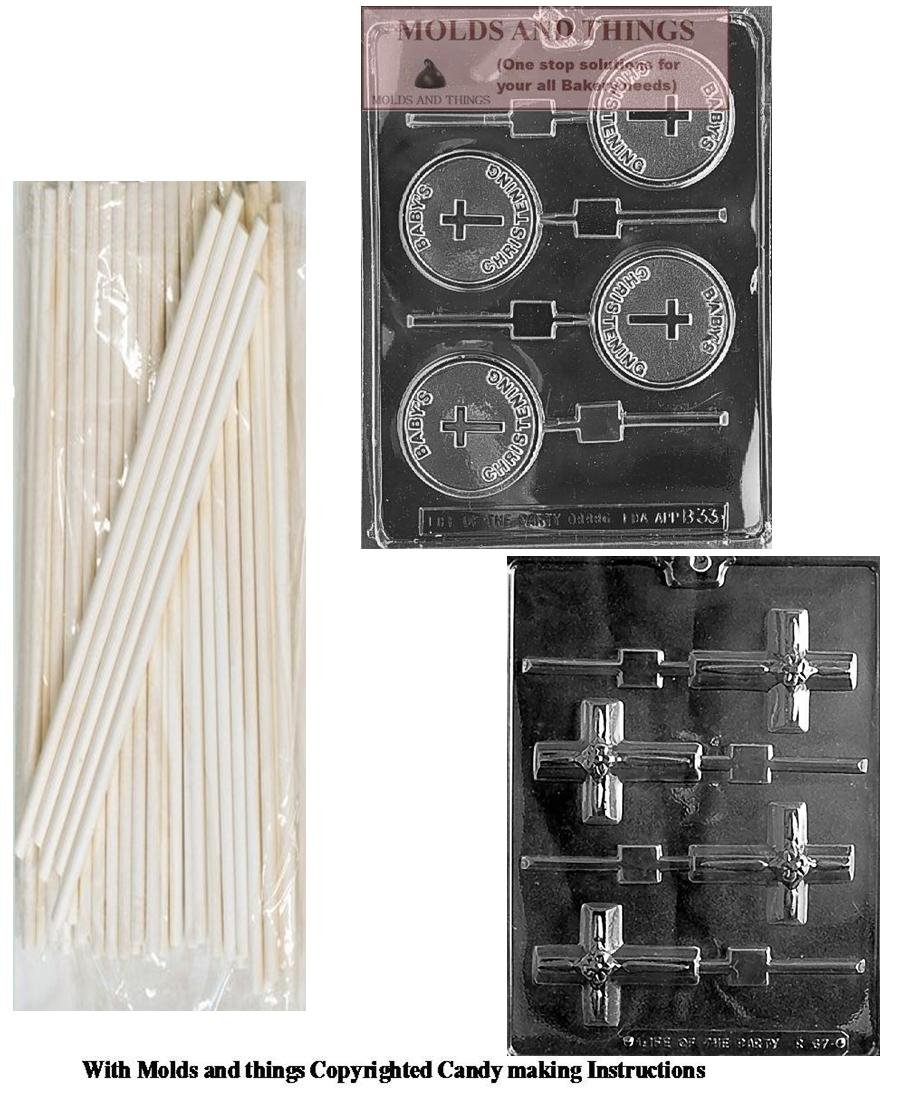 Baby Christening Chocolate Candy Mold Set - Cross with Flower Design, Includes 50 Sticks & Candy Making Instructions - Perfect for Baptism, First Communion & DIY Party Favors