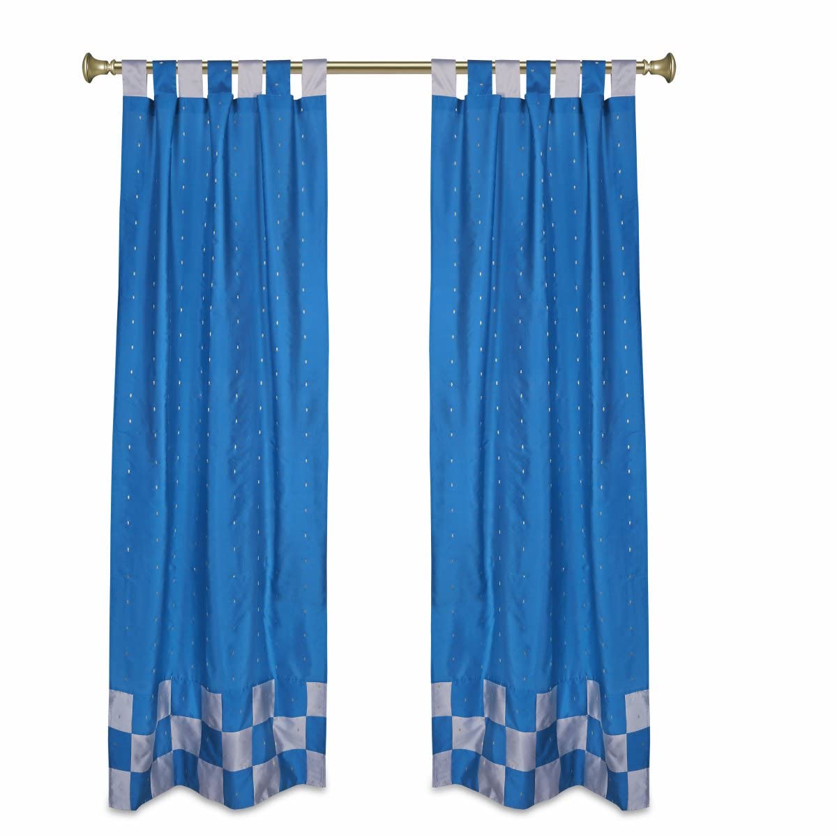 Indian Selections 2-Panel Turquoise & Gray Checkered Sari Curtains with Tab Top - 36 Inches Wide x 108 Inches Long - Elegant Window Drapes for Living Room, Bedroom & Boho Home Decor