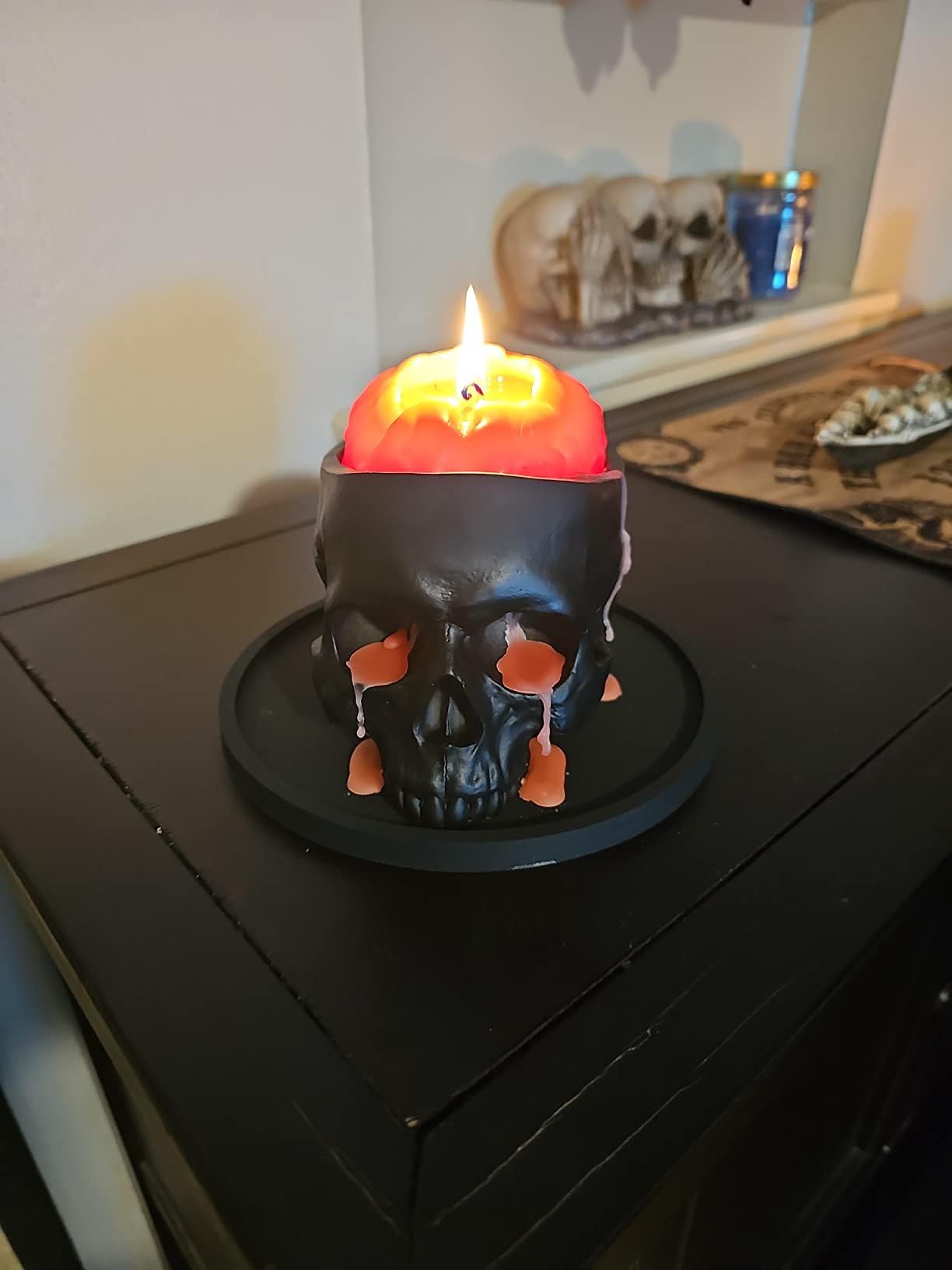 Halloween Skull Sculpture Decor - Spooky White Candle Holder & Planter Dish - Gothic Home Decor for Halloween Party, Table Centerpiece, Garden Accent