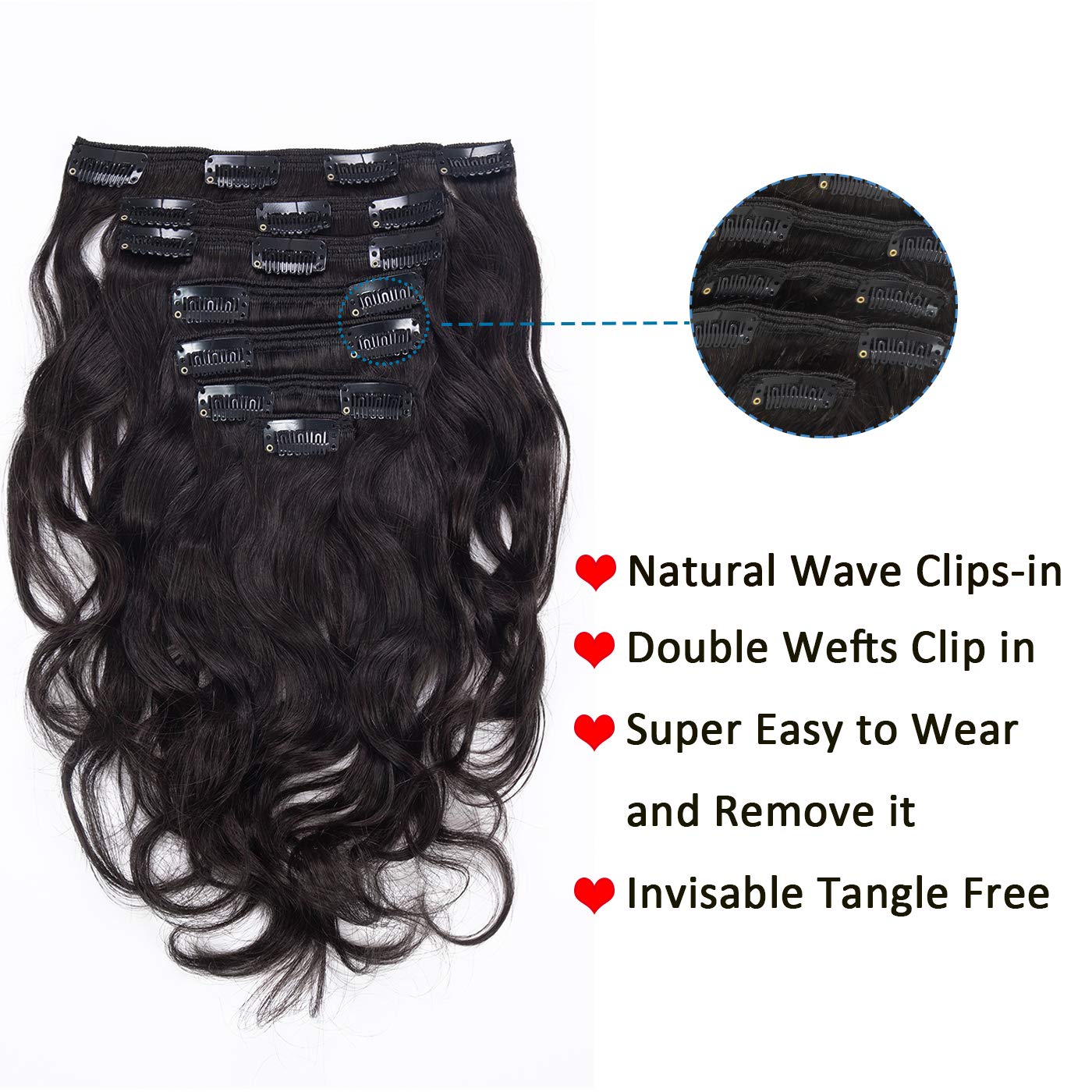 Anrosa 7-Piece Natural Wave Curly Human Hair Extensions - 22 Inch Long Brazilian Virgin Hair Weft (120g, #1B Off Black) with 17 Clips - Perfect for African American Hair Styling, Volume Boosting & Everyday Wear
