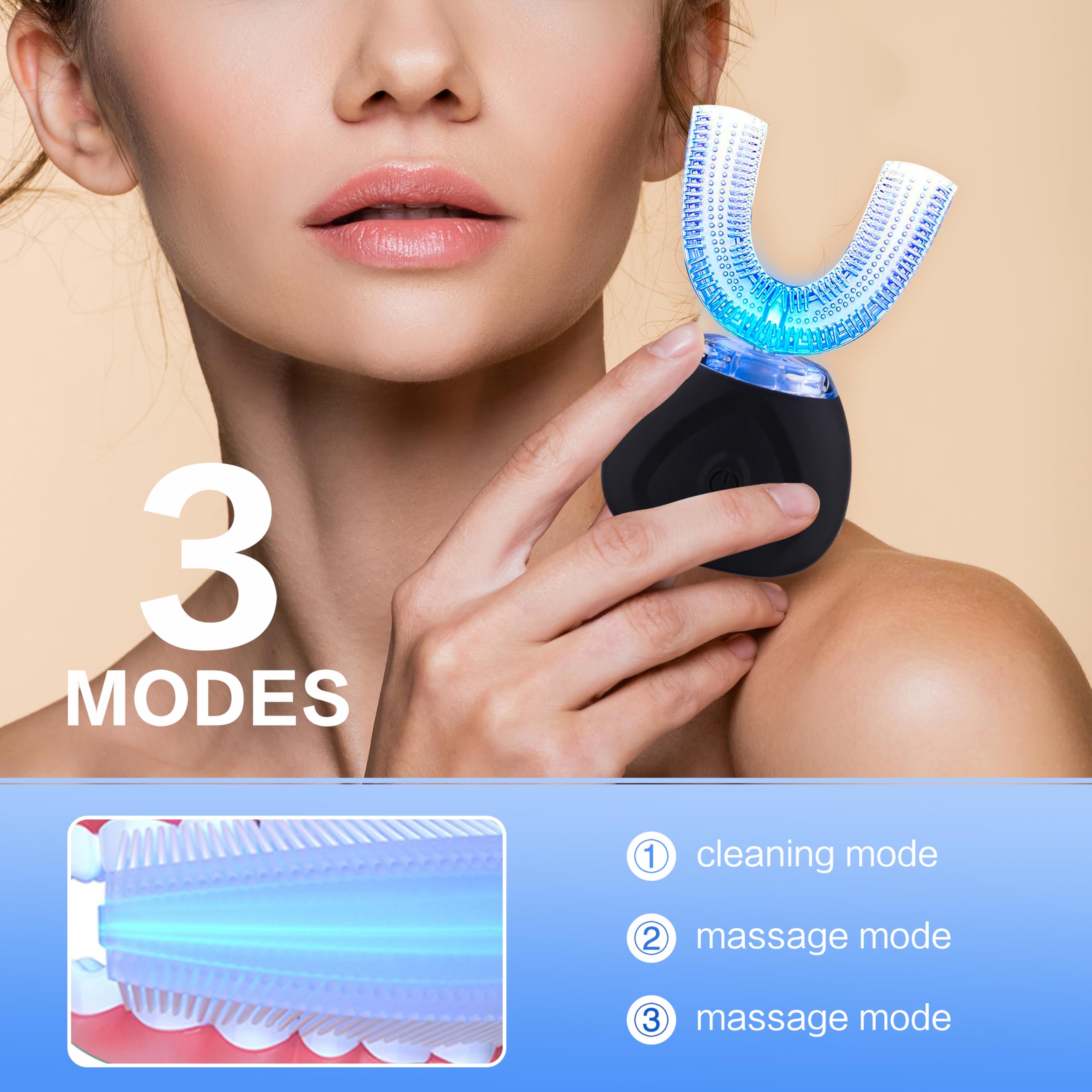 Ultrasonic Electric Toothbrush for Adults - U-Shaped Automatic Teeth Whitening Toothbrush with 360° Whole Mouth Cleaning, IPX7 Waterproof (Black) - Perfect for Travel & Daily Oral Care