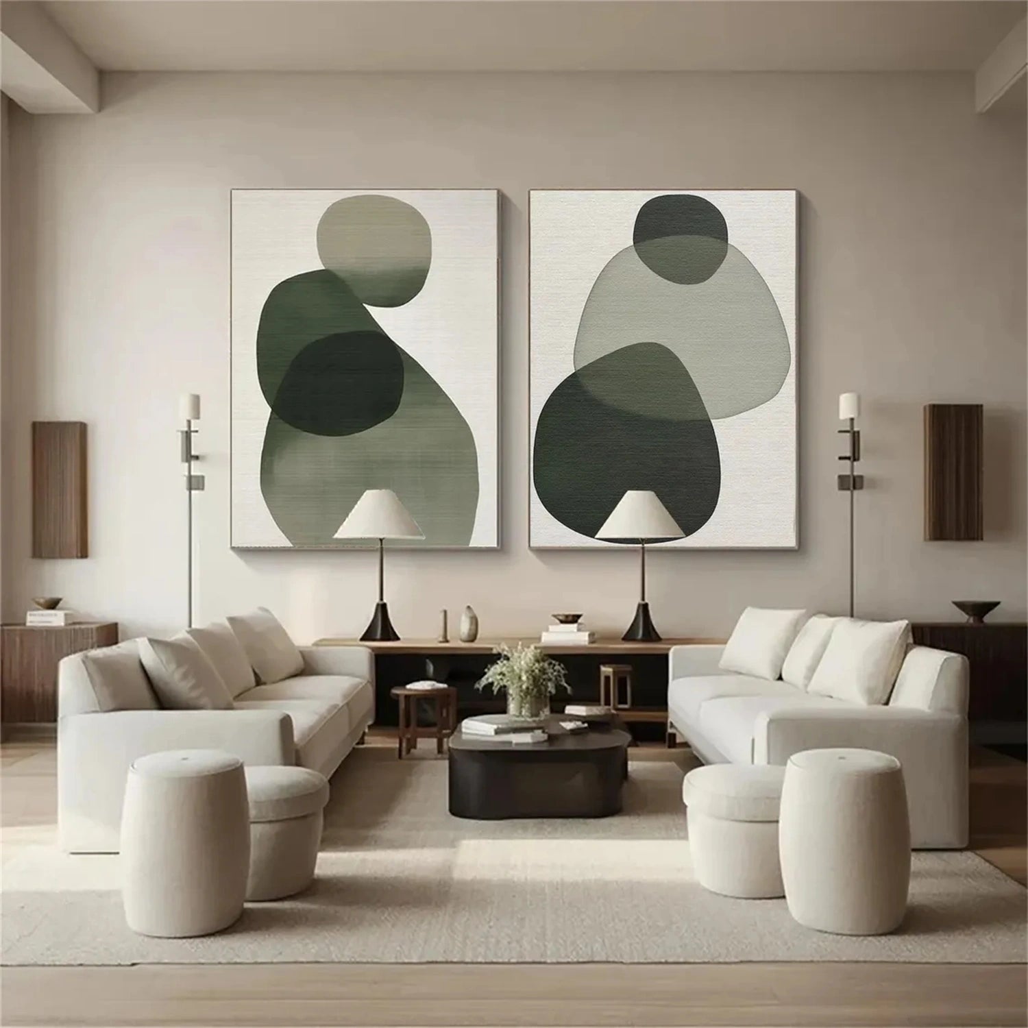 Abstract Wall Art Set of 2 - Blue & Green Modern Canvas Paintings for Living Room, Bedroom & Office Decor #BG088