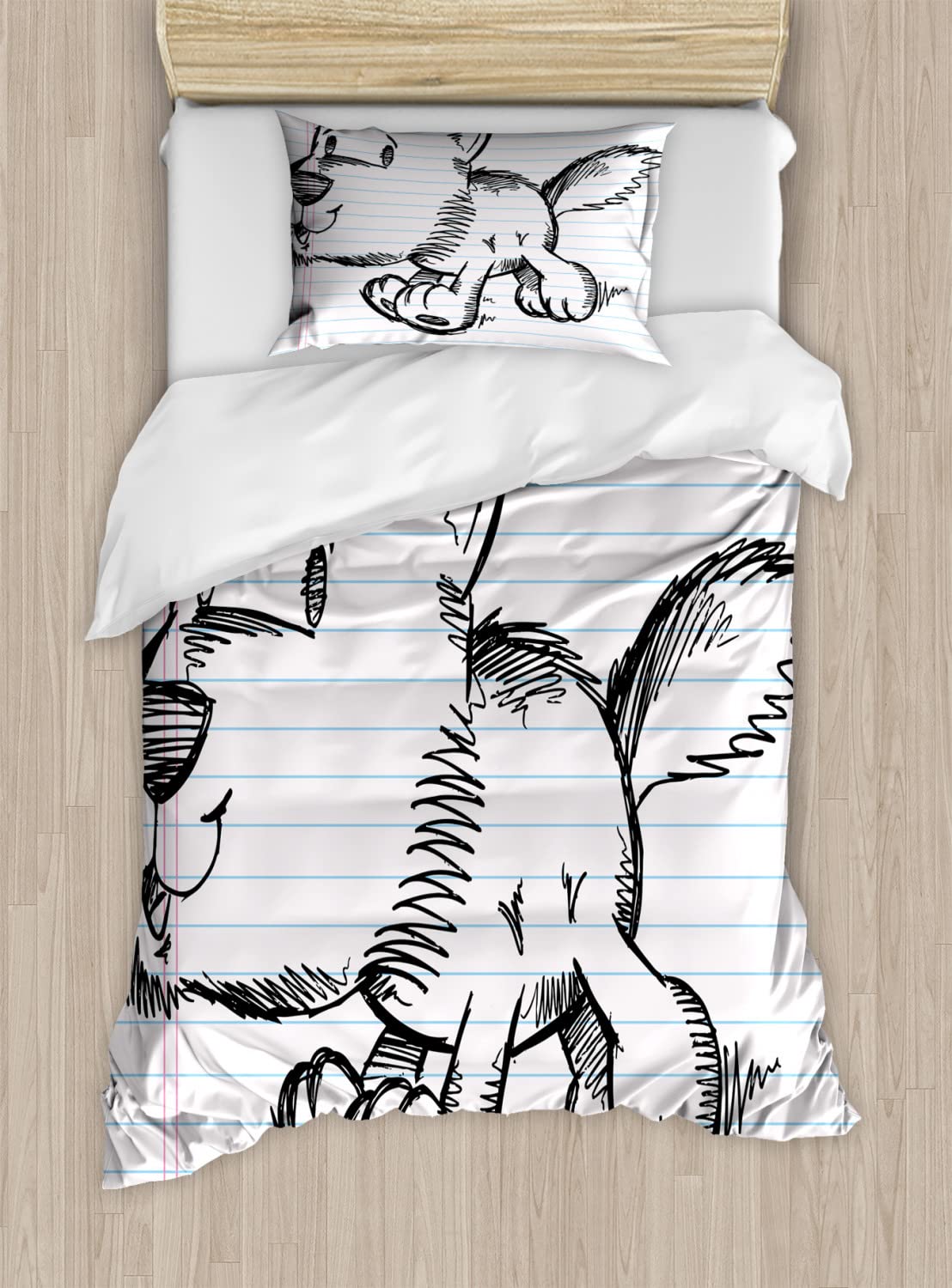 Ambesonne Cartoon Duvet Cover Set - Running Puppy Dog Scribble Art Notebook Design, 2-Piece Queen Size Bedding Set with 4 Pillowcases in Black, Pale Blue & Pink | Perfect for Kids' Rooms, Pet Lovers & Modern Home Decor