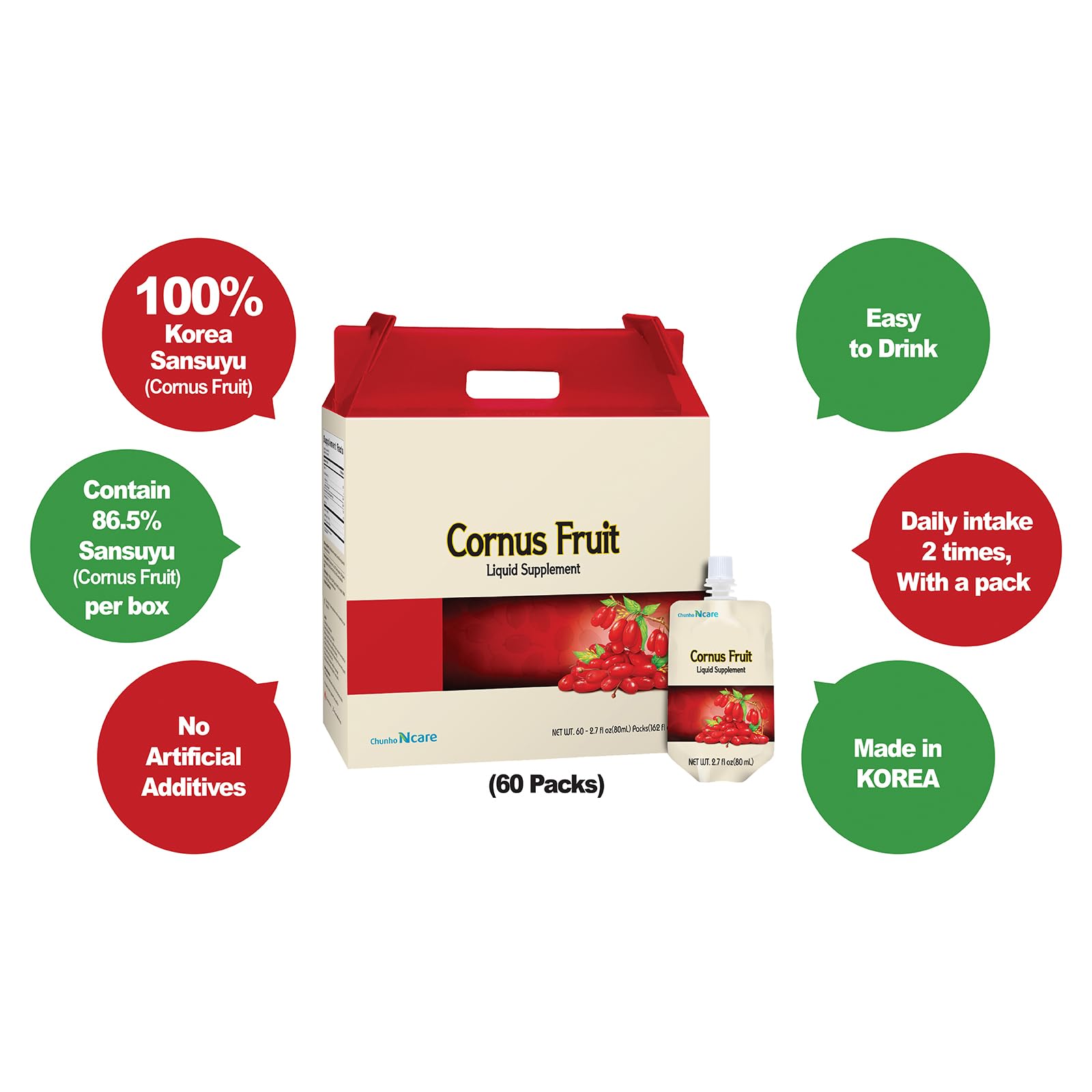 Chunho N'Care Cornus Fruit Juice for Men - 60 Pack | Natural Immune Booster & Health Supplement | Supports Energy & Vitality | Perfect for Daily Wellness Routine & Active Lifestyle