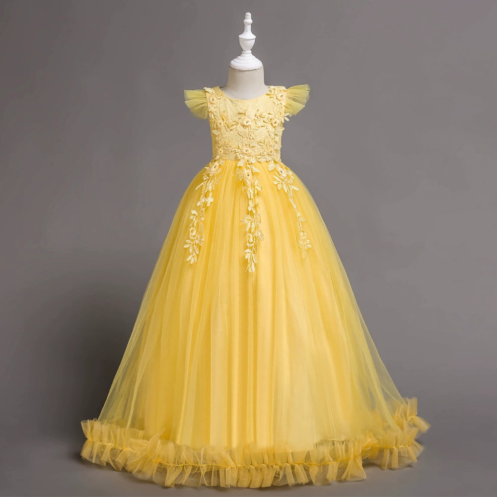 Elegant Yellow A-Line Round Floor-Length Lace Flower Girl Dress for Weddings, Baptisms & Special Occasions