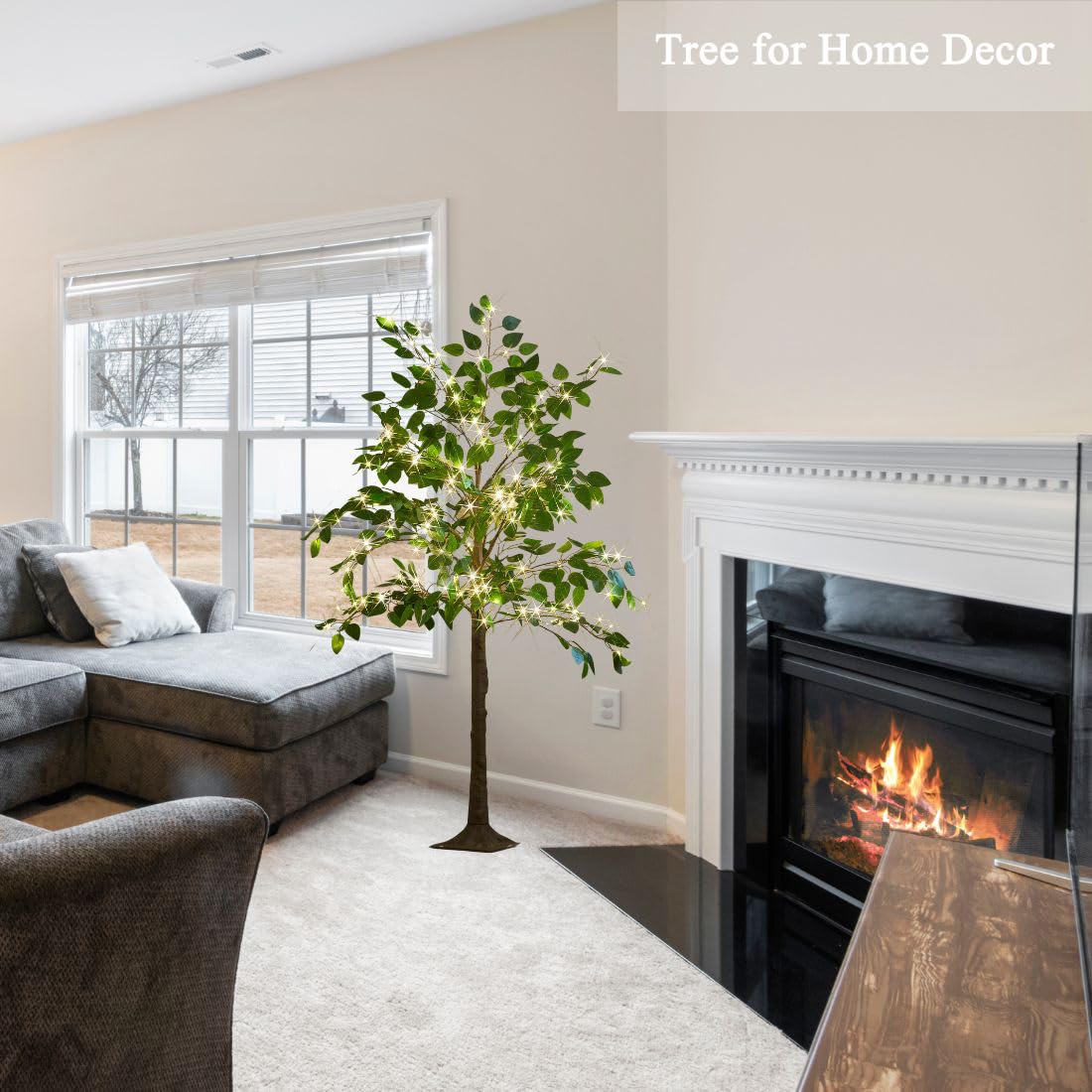 6FT LITBLOOM LED Ficus Tree with 264 Warm White Fairy Lights - Artificial Indoor Greenery for Home, Living Room, Fireplace & Holiday Decor - Perfect for Christmas, Wedding, and Cozy Ambiance Lighting