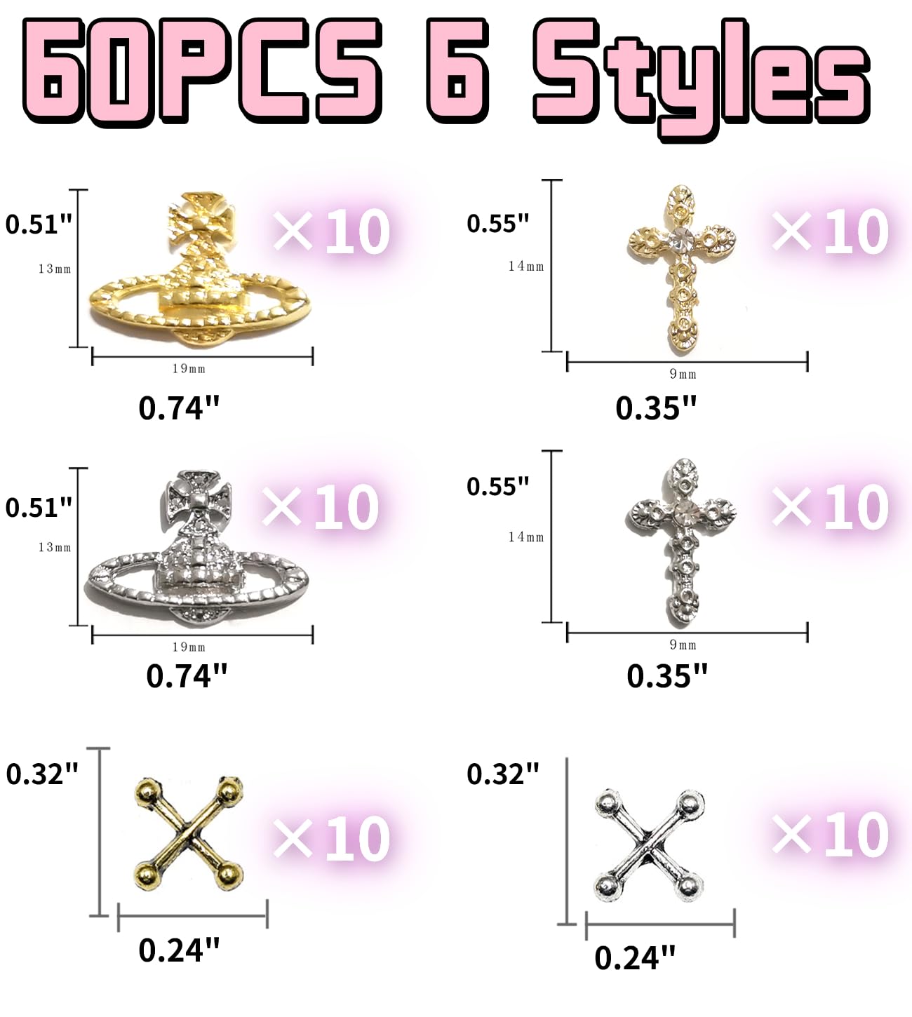 60Pcs 3D Y2K Kawaii Planet & Cross Nail Charms - Gold and Silver Nail Art Gems for Acrylic Nails, DIY Nail Jewelry Decorations for Women & Girls | Perfect for Party, Festival, and Everyday Nail Art Designs