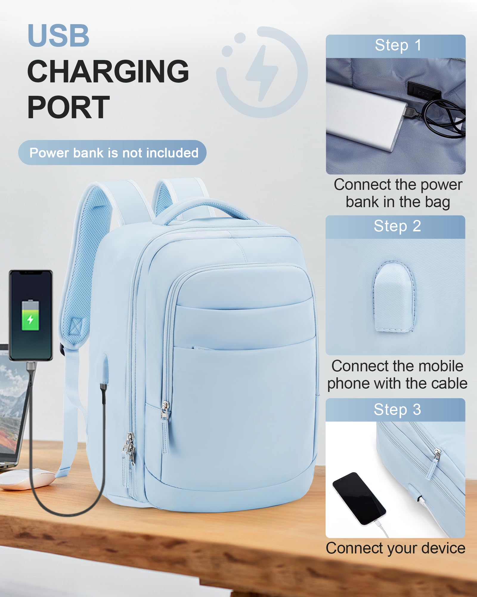 VGCUB Large Travel Carry On Backpack for Women & Men - Waterproof Laptop Backpack with USB Charging Port | Airline Approved Personal Item Size | Perfect for Business Travel, Commuting & Daily Use (Blue)