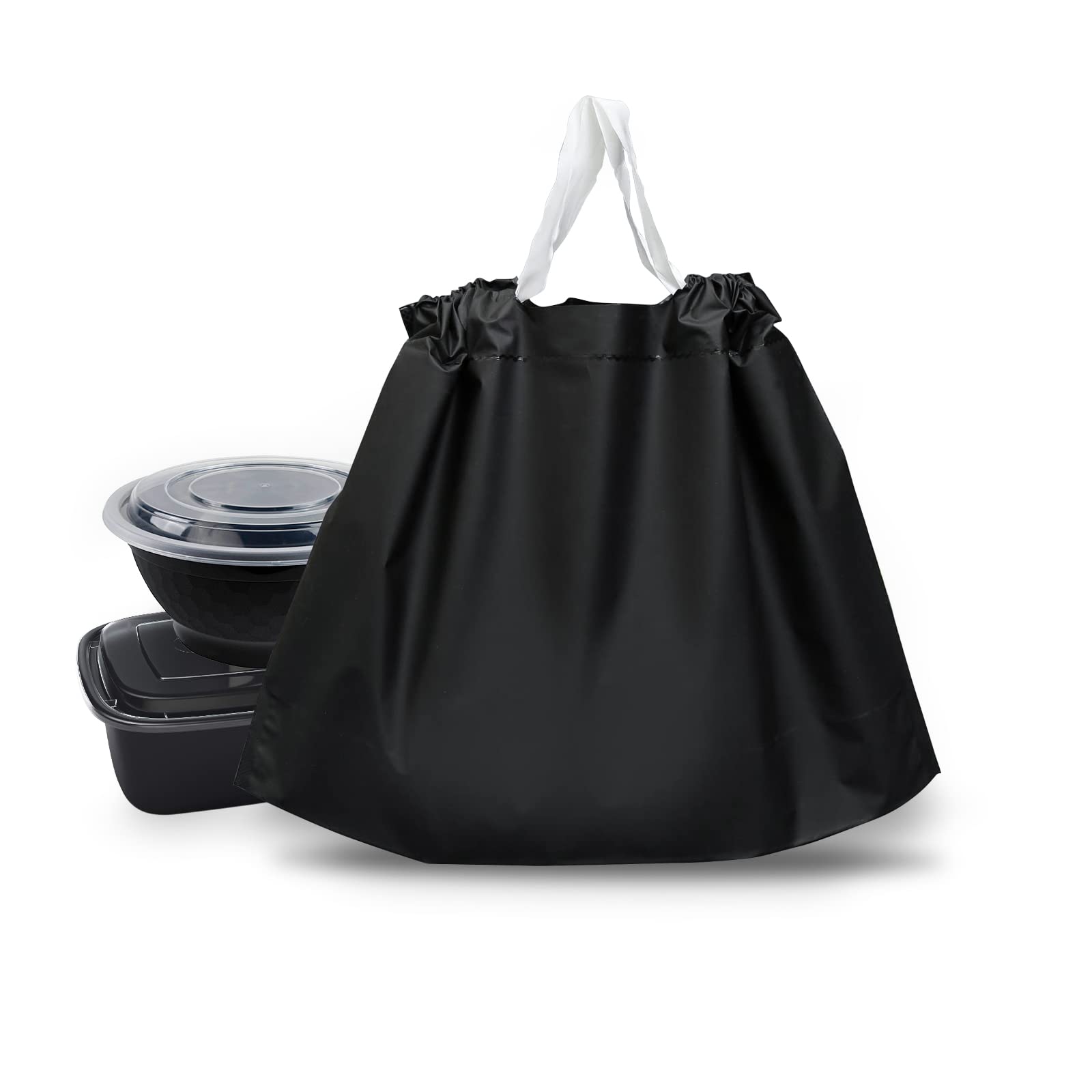 Firekylin Reusable Waterproof Takeout Bags with Handles - 50 Pack Large Black Plastic Food Bags for Restaurants, Delivery, Grocery Shopping & Picnics | Leak-Proof Adhesive Seal for Secure Food Transport