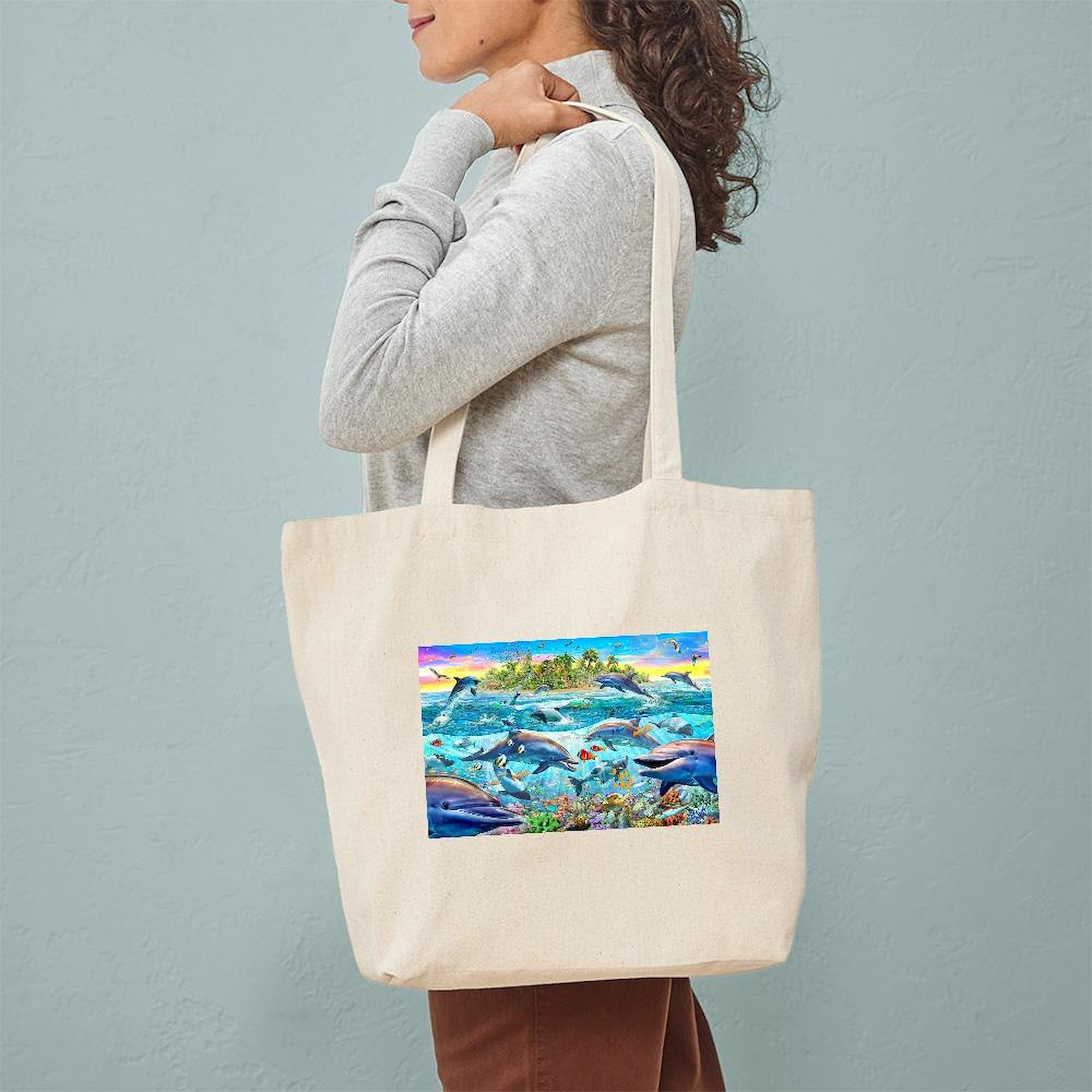 Dolphin Reef Canvas Tote Bag - Eco-Friendly Reusable Shopping Bag for Beach, Grocery & Everyday Use | Natural Cotton Carryall