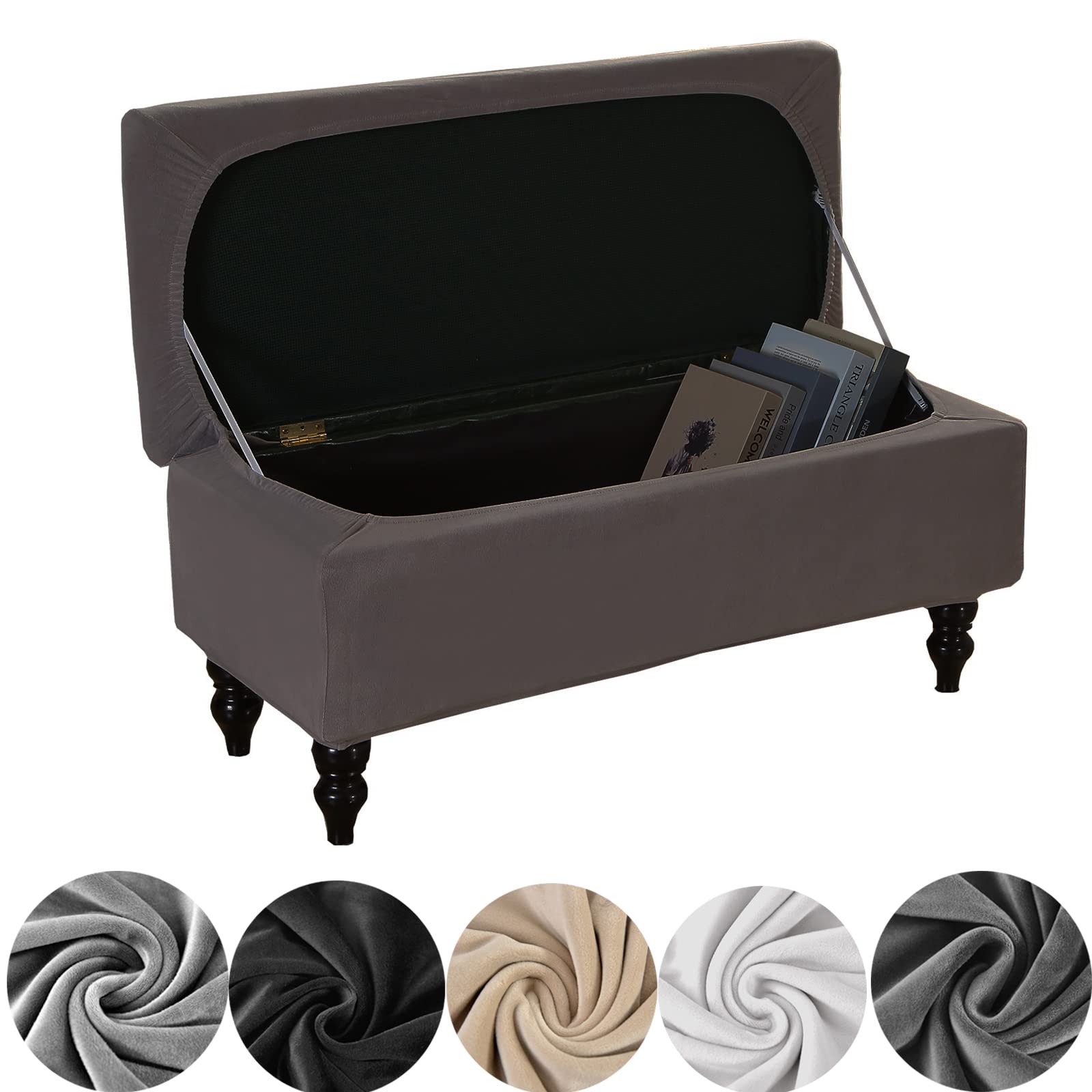 Stretch Velvet Rectangle Storage Ottoman Cover with Elastic Bands - Jacquard Bench Slipcover for Folding Storage Bench & Footrest Stool - Dark Grey Small - Perfect for Living Room, Bedroom, or Home Office Organization