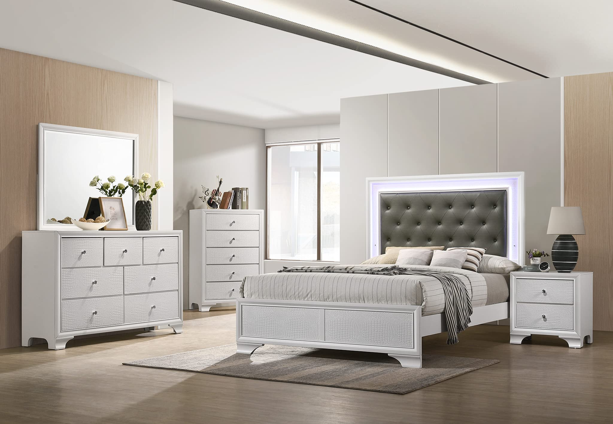 6-Piece King Size Bedroom Set with Frost Finish - Transitional Style Bed, Dresser, Mirror, Chest, Nightstand & Upholstered Headboard with LED Lights | White Wooden Furniture for Master Bedroom Decor
