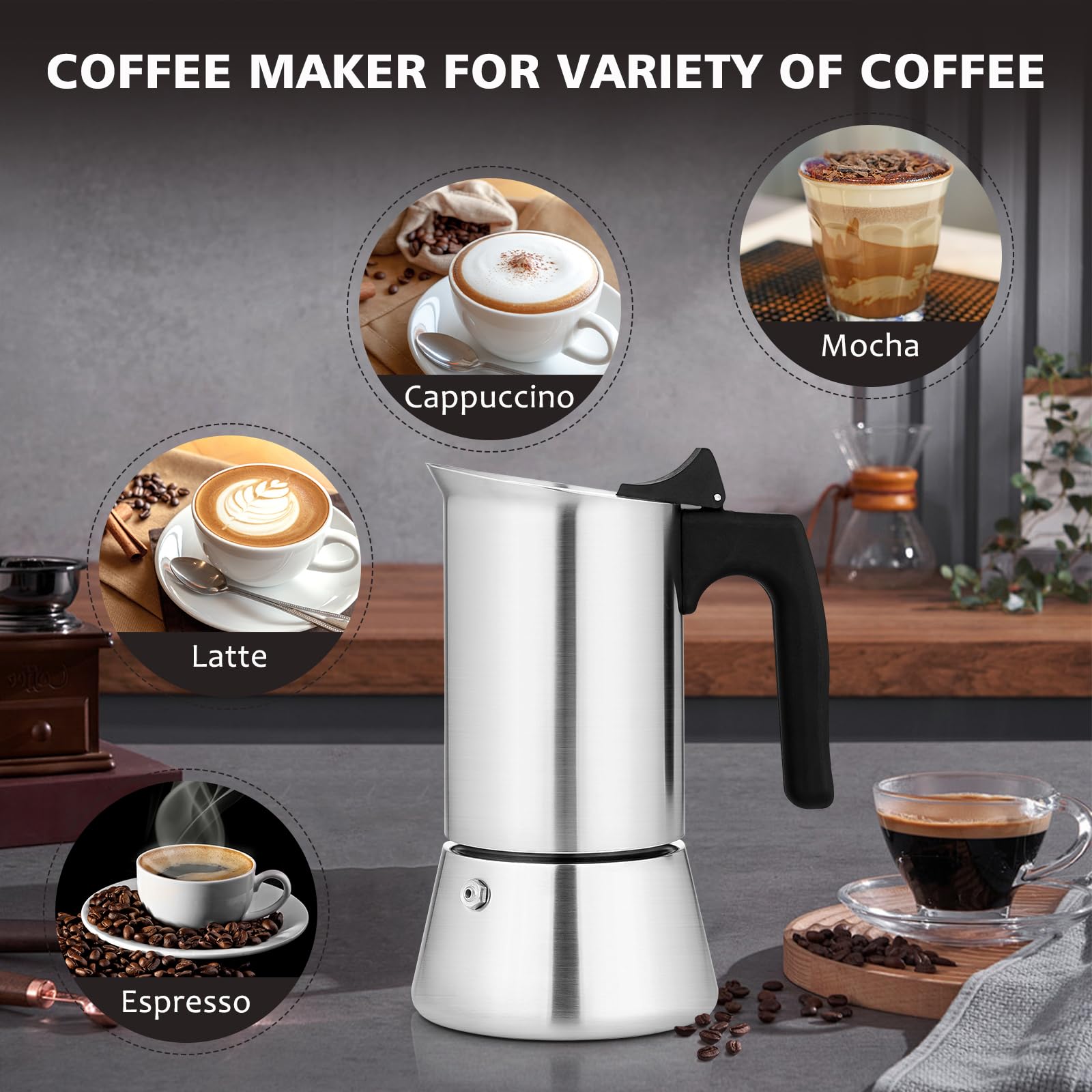 Stovetop Espresso Maker - 9 Cup Moka Pot (450ml/15oz) Stainless Steel Italian Coffee Maker for Induction Cooktops & Gas Stoves | Perfect for Home, Camping & Outdoor Use | BPA-Free & Durable Design