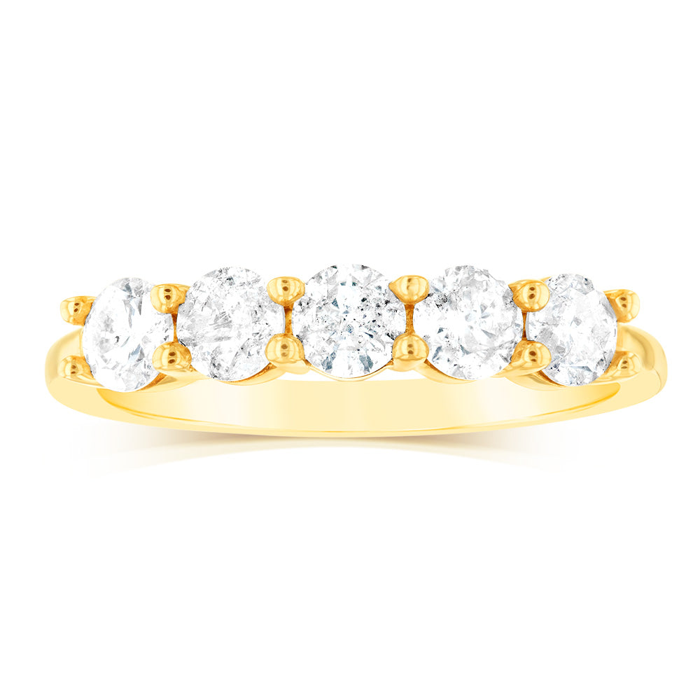 14K Yellow Gold 0.95 Carat Diamond Eternity Ring with 5 Round Brilliant Cut Diamonds - Perfect for Anniversary, Wedding, or Engagement Gift
