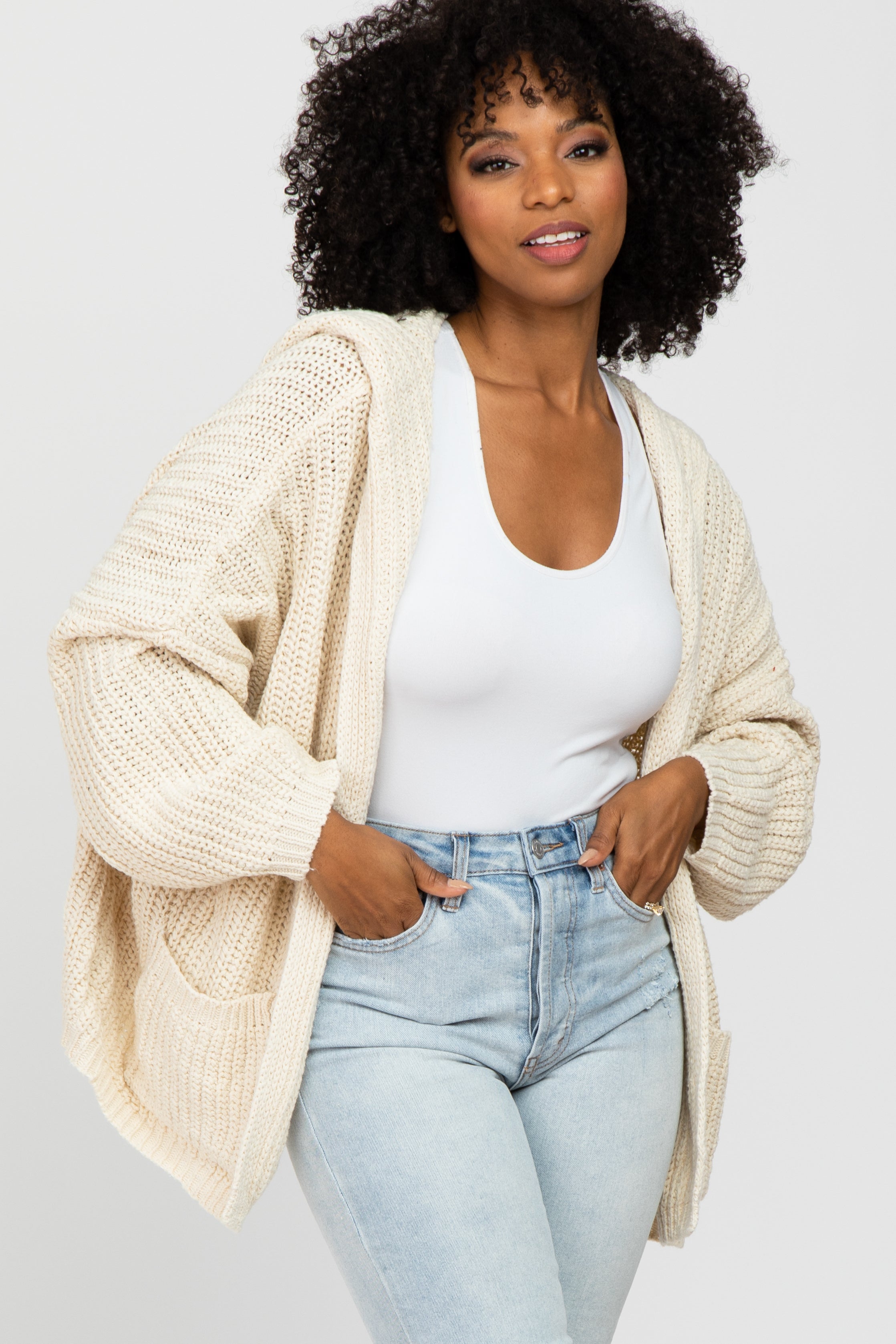 Cozy Beige Cable Knit Hooded Cardigan for Women - Soft Chunky Knit Sweater with Pockets - Perfect for Fall & Winter Layering, Casual Outfits, and Coffee Dates