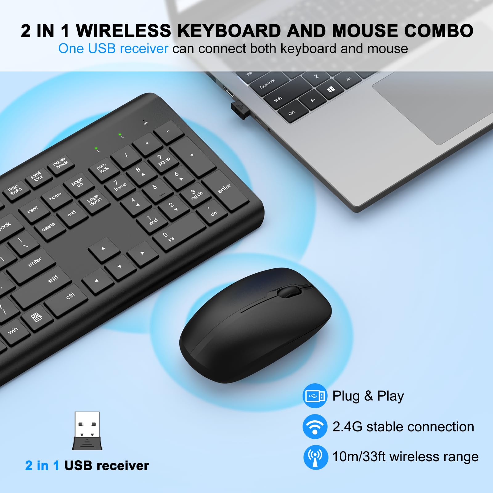 Wireless Keyboard and Mouse Combo - Full Size Ergonomic Silent Keyboard with Optical Mouse, 2.4G Lag-Free Connection, Long Battery Life for PC, Mac, Laptop, Windows - Perfect for Office, Gaming & Home Use