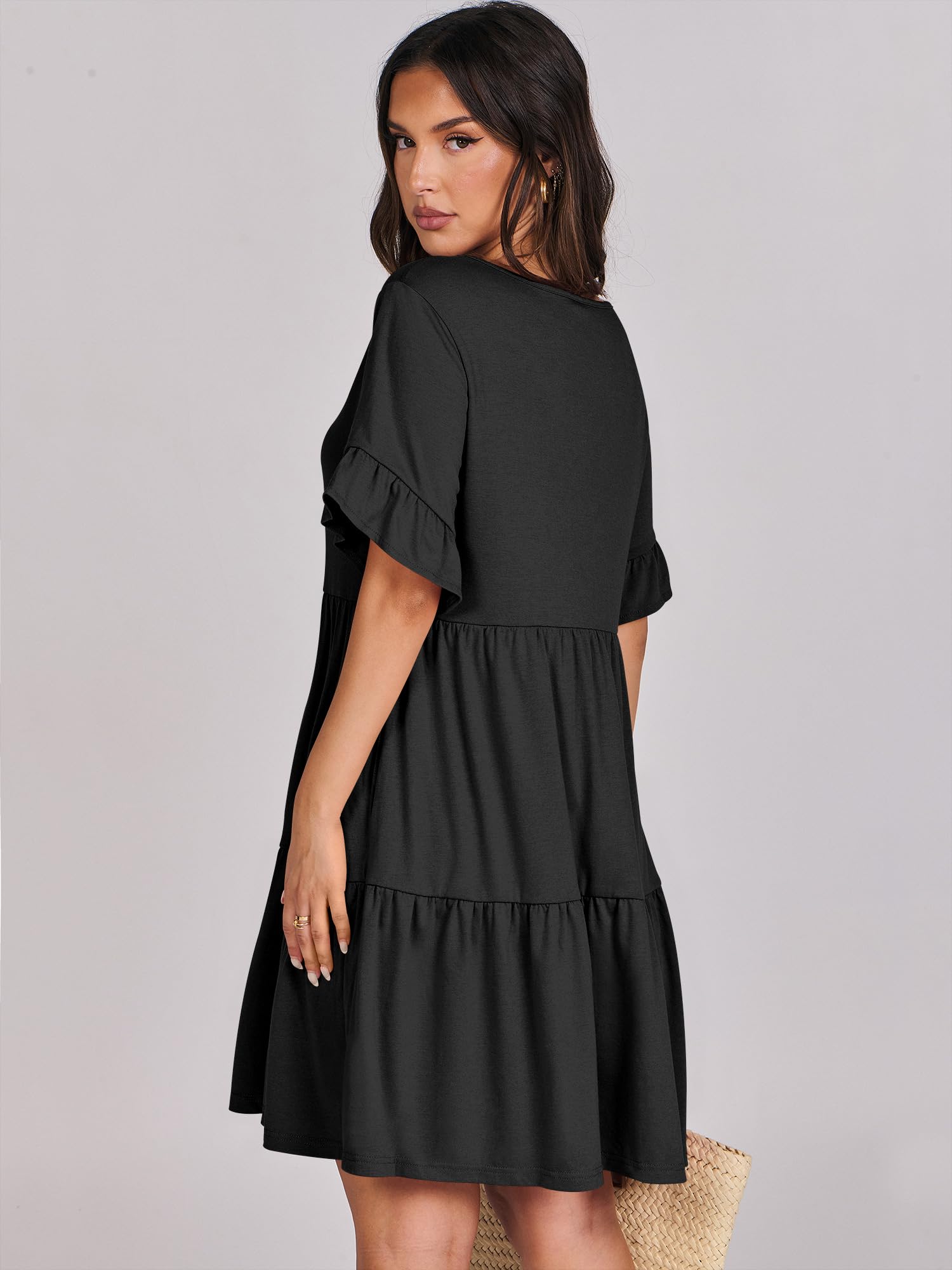 ANRABESS Women's Summer V-Neck Ruffle Sleeve A-Line Tiered Flowy Mini Dress with Pockets - Trendy Casual Beach Dress for Vacations, Parties & Date Nights