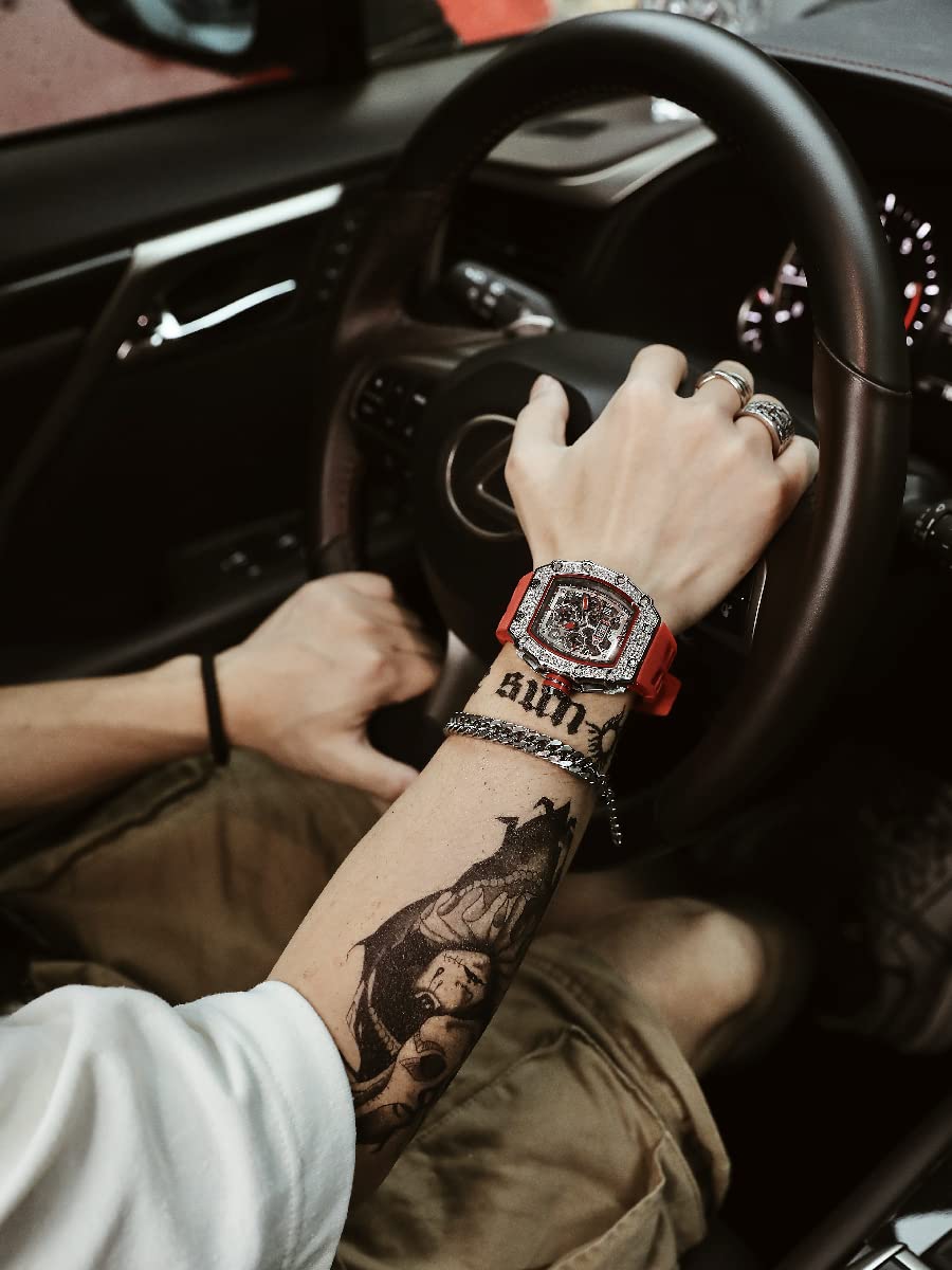 Gosasa Men's Luxury Diamond Tonneau Watch - Analog Chronograph with Date Calendar, Large Rectangle Face & Silicone Strap - Perfect for Business, Dress & Work Attire | Elegant Gift for Professionals & Watch Collectors