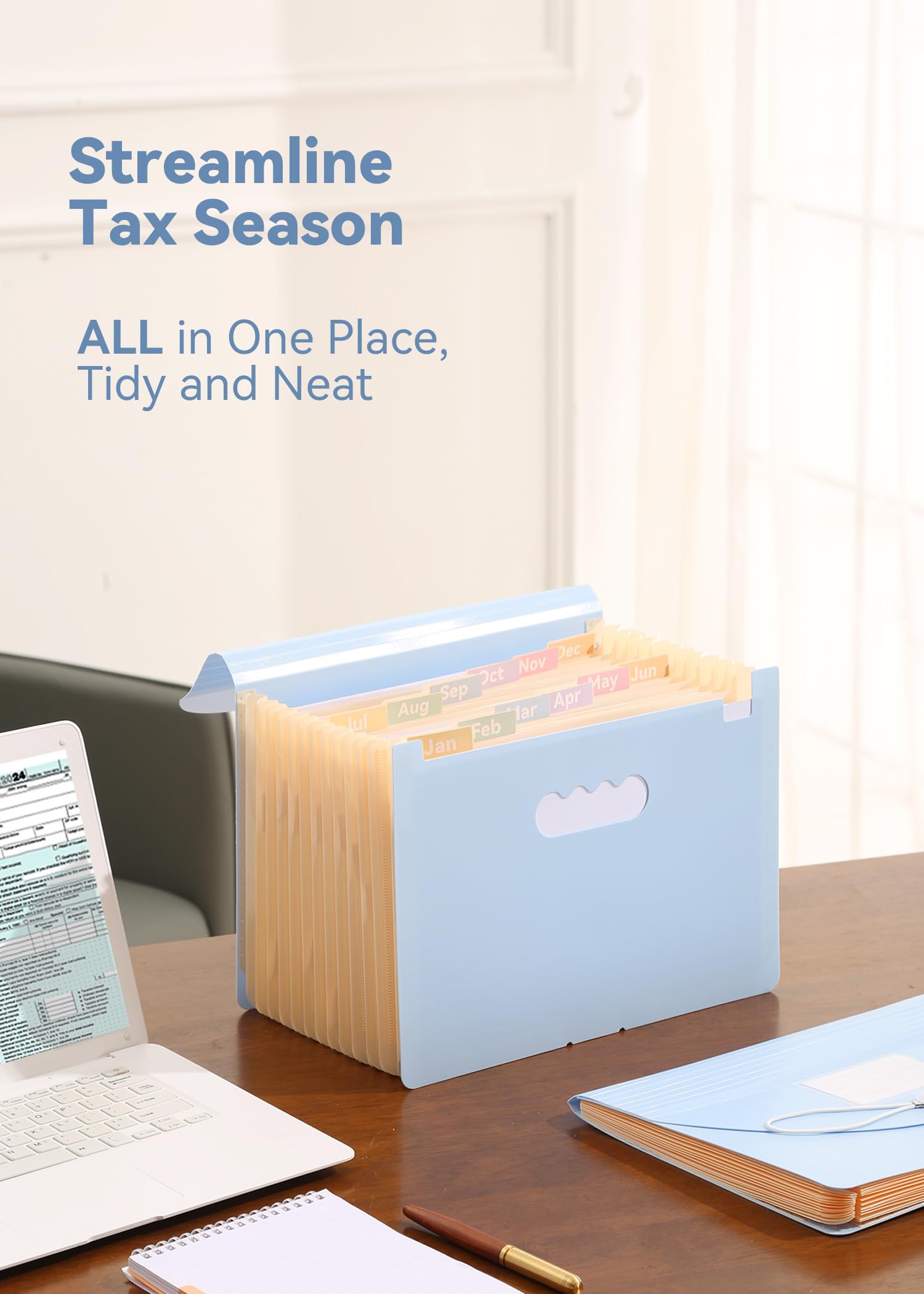 12-Pocket Accordion File Organizer for Monthly Bills, Receipts & Taxes | Expanding File Folder with Large Bright Tabs | Fits Letter/A4 Size | Perfect for Home Office & Small Business Organization (Blue)