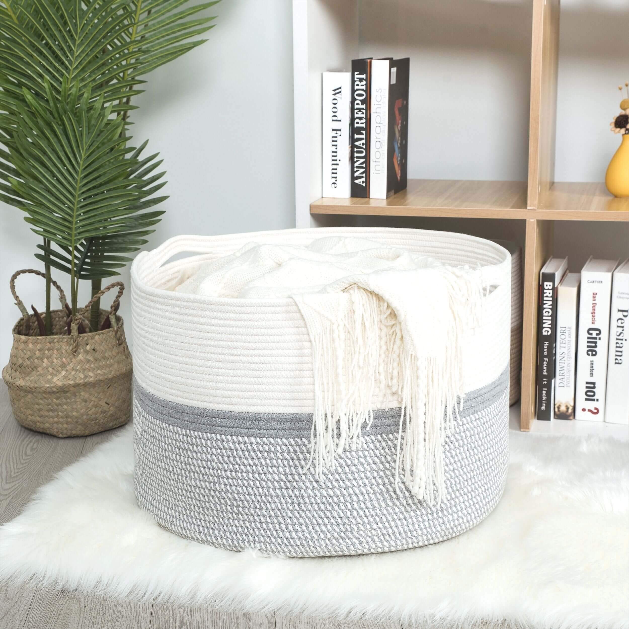 MINTWOOD Extra Large 22x14 Inch Woven Cotton Rope Storage Basket - Laundry Hamper, Blanket Organizer, Dog Toy Bin, Towel Holder for Bedroom, Nursery & Bathroom | Light Grey Mix Home Decor