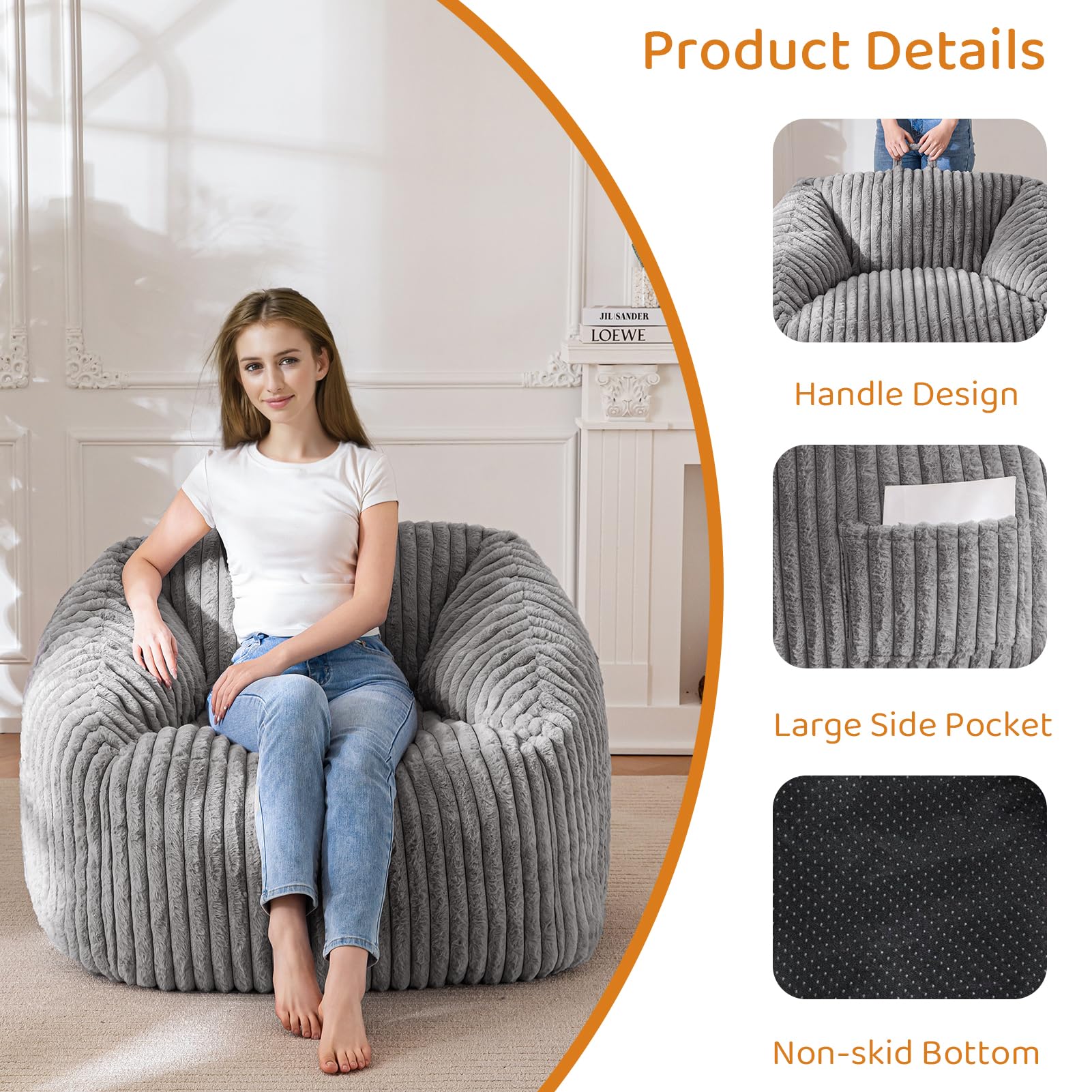 MAXYOYO Bean Bag Chair with Handle & Pocket - Soft Floor Sofa for Living Room, Bedroom, Dorm - Comfortable Grey Lounge Chair for Relaxing, Reading & Gaming