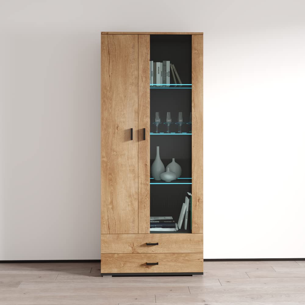Modern Soho S6 2D2S Freestanding Bookcase - Customizable LED Light Wooden Bookshelf with Mirror Cabinet - Durable Oak Storage Shelf for Living Room, Office & Bedroom Organization