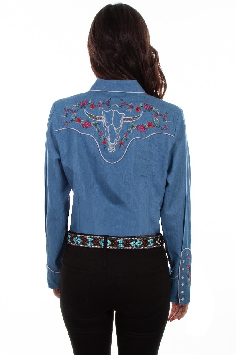 Scully Lightweight Floral Embroidered Snap Front Western Shirt for Women - Country Style Denim Top PL879 | Perfect for Rodeo, Music Festivals & Casual Wear