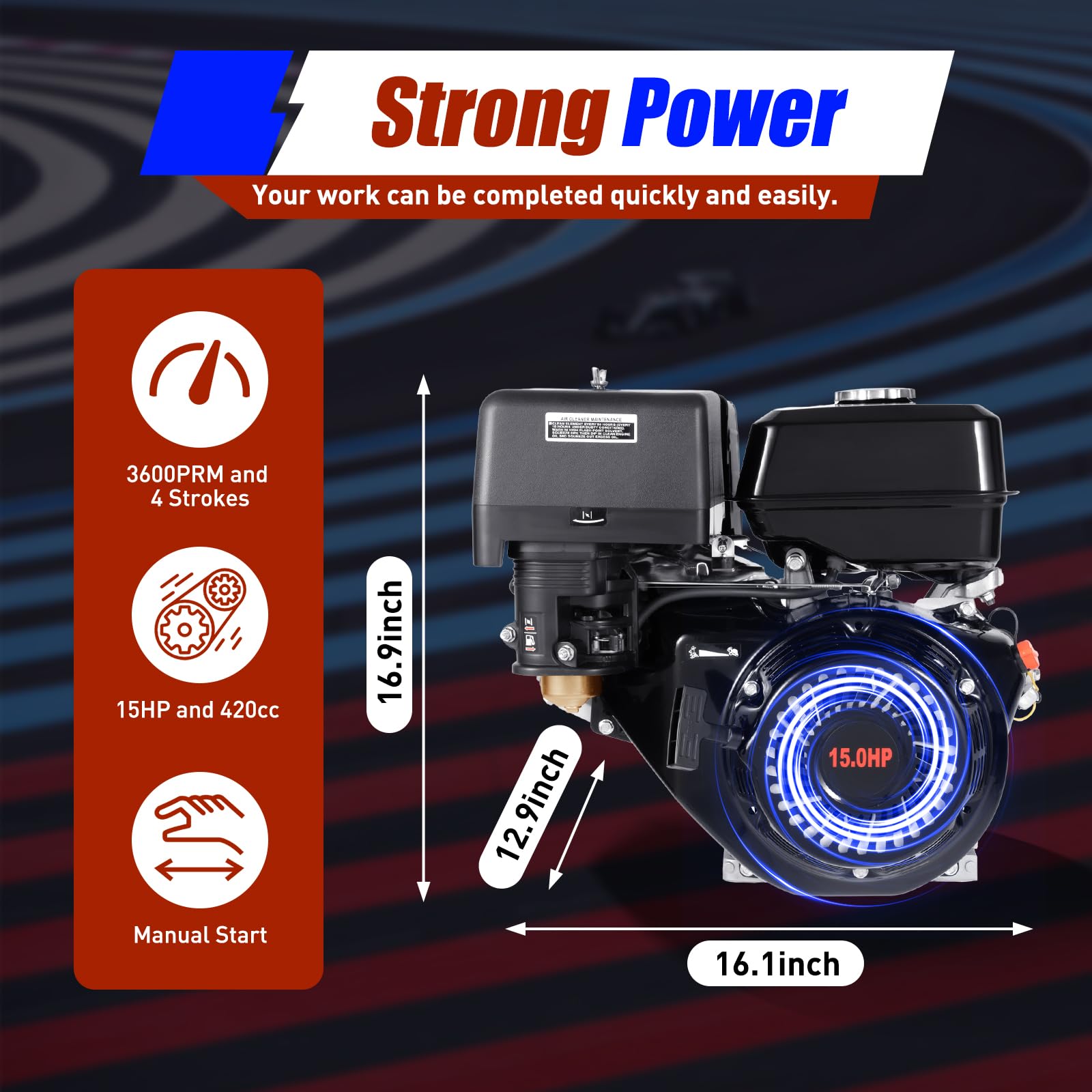 15 HP Go Kart Gas Engine - 9.7KW 4-Stroke Air Cooled OHV Industrial Grade Motor for Log Splitters, Pumps & Micro Tillers - Perfect for Off-Road Vehicles, Farm Equipment & Power Tools