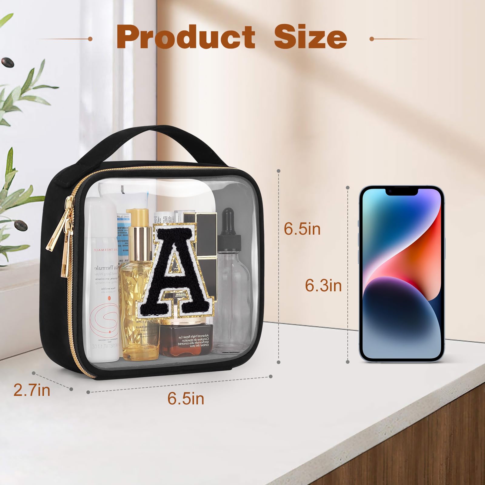 TSA Approved Clear Toiletry Bag for Travel - PVC Transparent Makeup Cosmetic Bag with Handles & Chenille Letter Design, Large Opening Carry-On Airport Organizer (Letter A) - Perfect for Air Travel, Vacation Essentials & Daily Beauty Storage