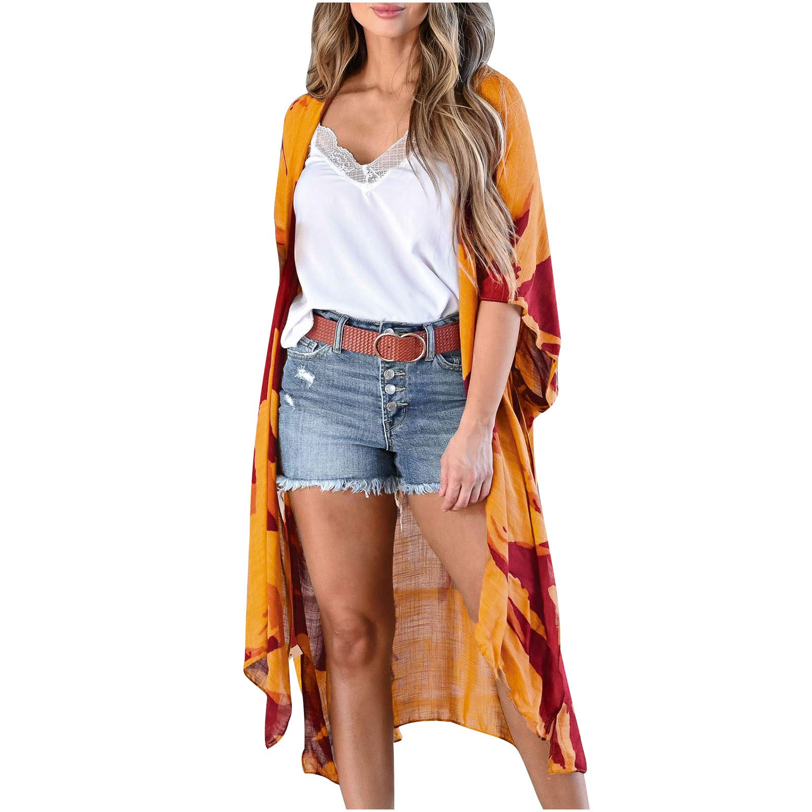 Women's Loose Printed Chiffon Kimono Cardigan Dress - Flowy Open Front Knit Blouse for Casual Wear & Summer Outfits