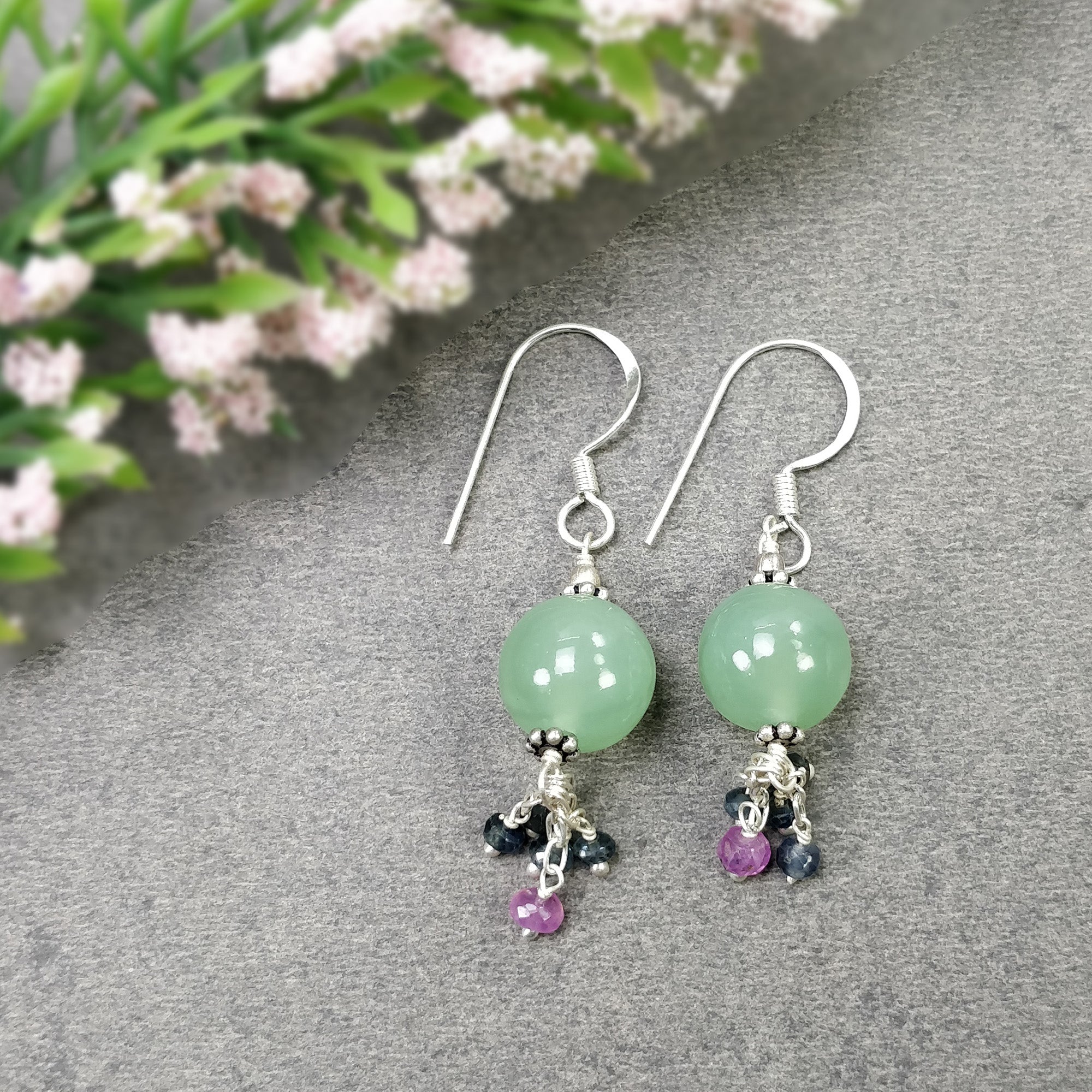925 Sterling Silver Serpentine Blue Pink Sapphire Gemstone Beaded Drop Dangle Hook Earrings - 5.70gms Natural Stone Jewelry for Women, Gift for Her, Perfect for Parties, Weddings & Special Occasions